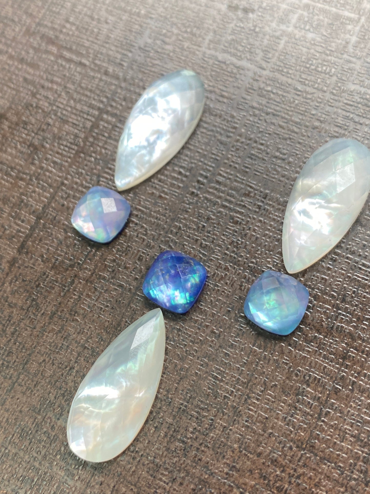 Vivacious rare Mother of Pearl pear shape large size rosecut and aurora opal cushion doublet facted  flats size 8mm-21x10mm wt 27 cts pcs 6