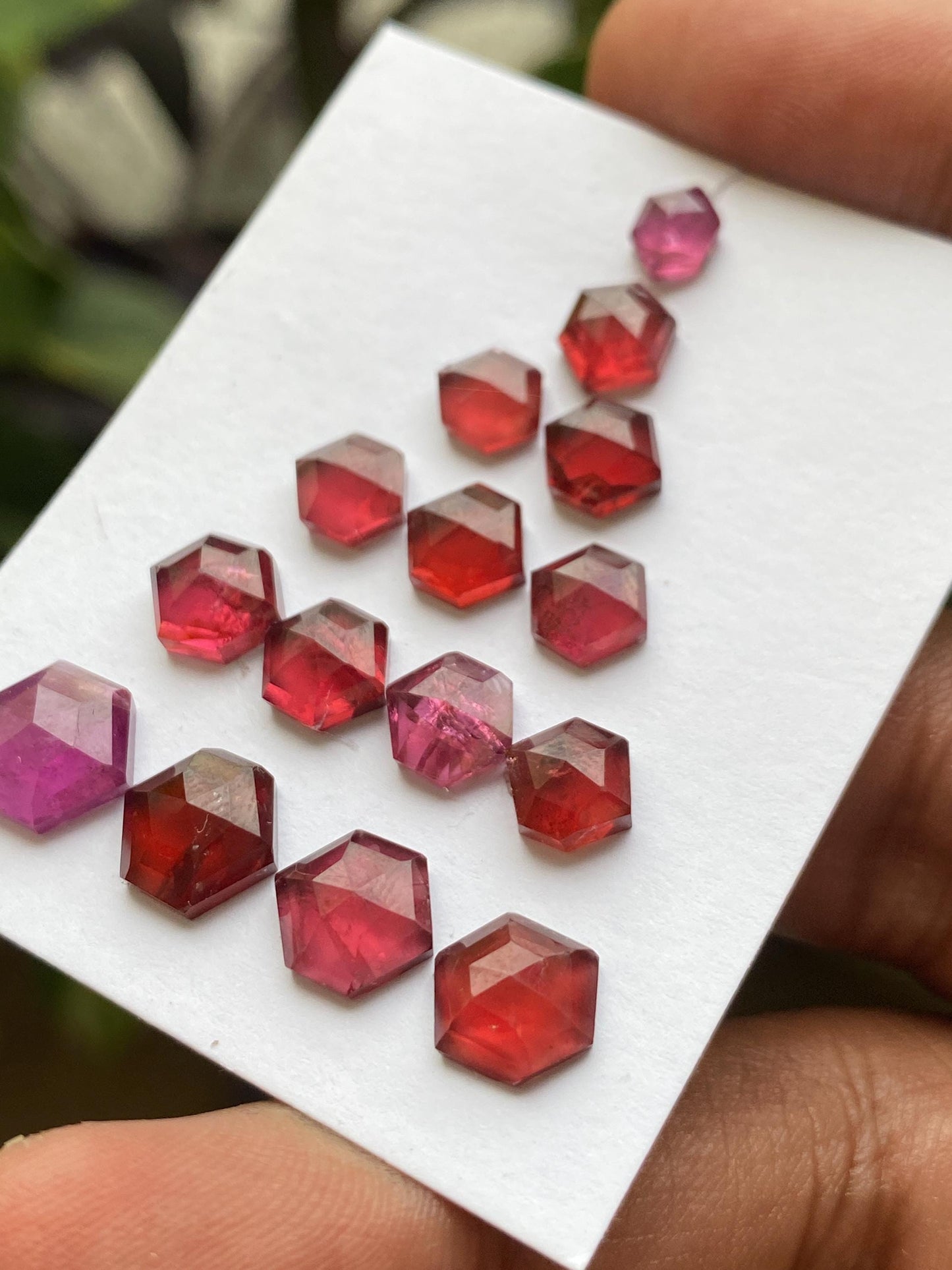 Fabulous Rhodolite garnet hexagon step cuts Malaya aaa quality wt 17 cts pcs 15 size  7.7x4.6-8.5x5.5mm Rhodolite garnet stepcut hexagons