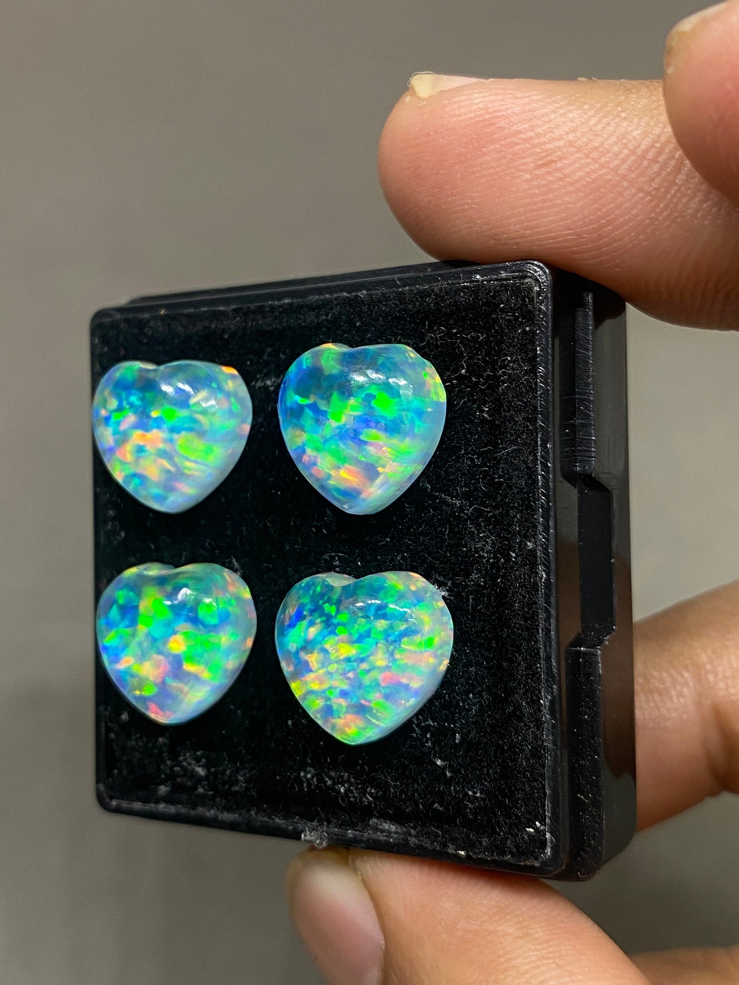 Mesmerising Multi fire aurora opal and crystal doublet heart  smooth cabochons pcs 4 wt 25 carats  size 12mm ring pendant auroral opal