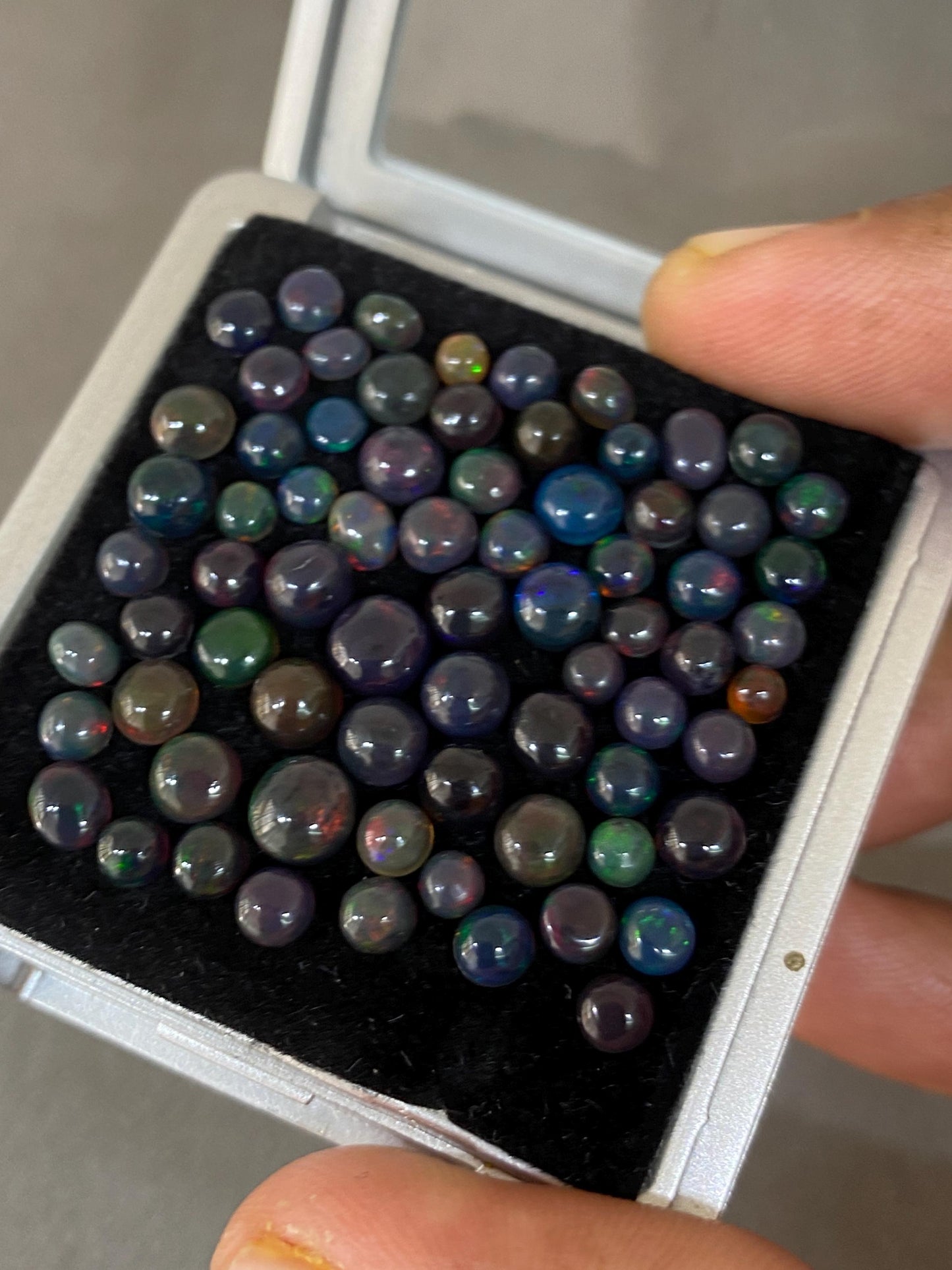 Fascinating Black opal (smoked) round opal Fire opal cabochons lot size wt 18.20 cts size 3mm-6mm pcs 71  fire black opals cabochons