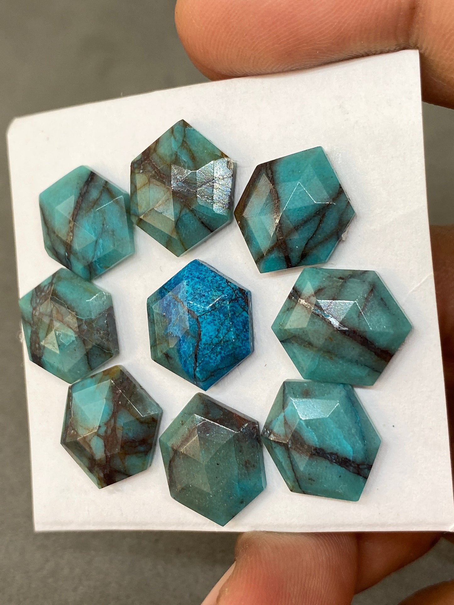 Stunning rare chrysocolla hexagon stepcut wholesale lot weight 43 carats pcs 9 size 14.2x11.7mm-15.5x12.5mm  flatback gems