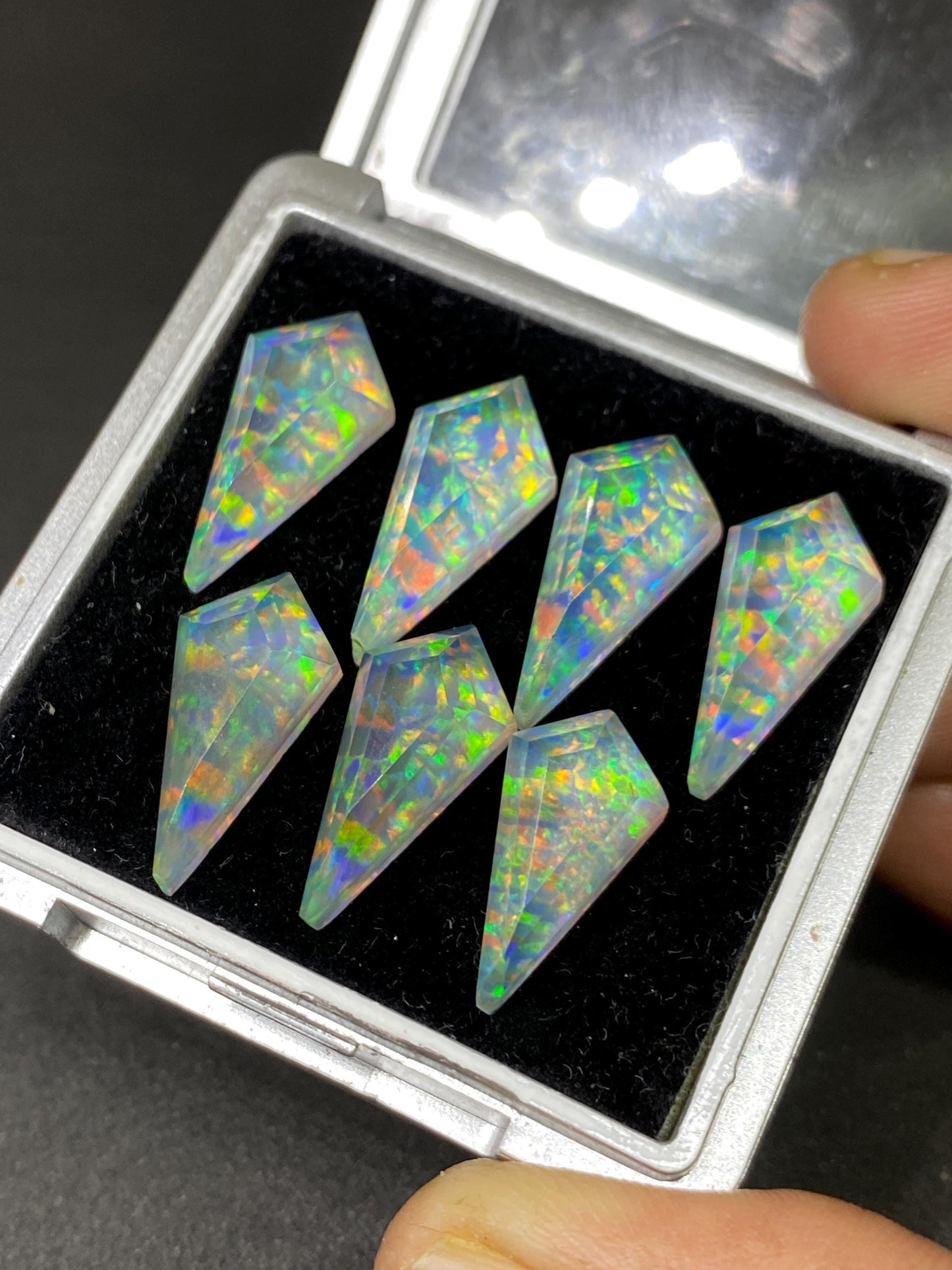 Amazing Multi fire  aurora opal and crystal  doublet kite stepcut  pcs 7 wt 49 carats big size 20x10mm ring pendant earring Aurora opal