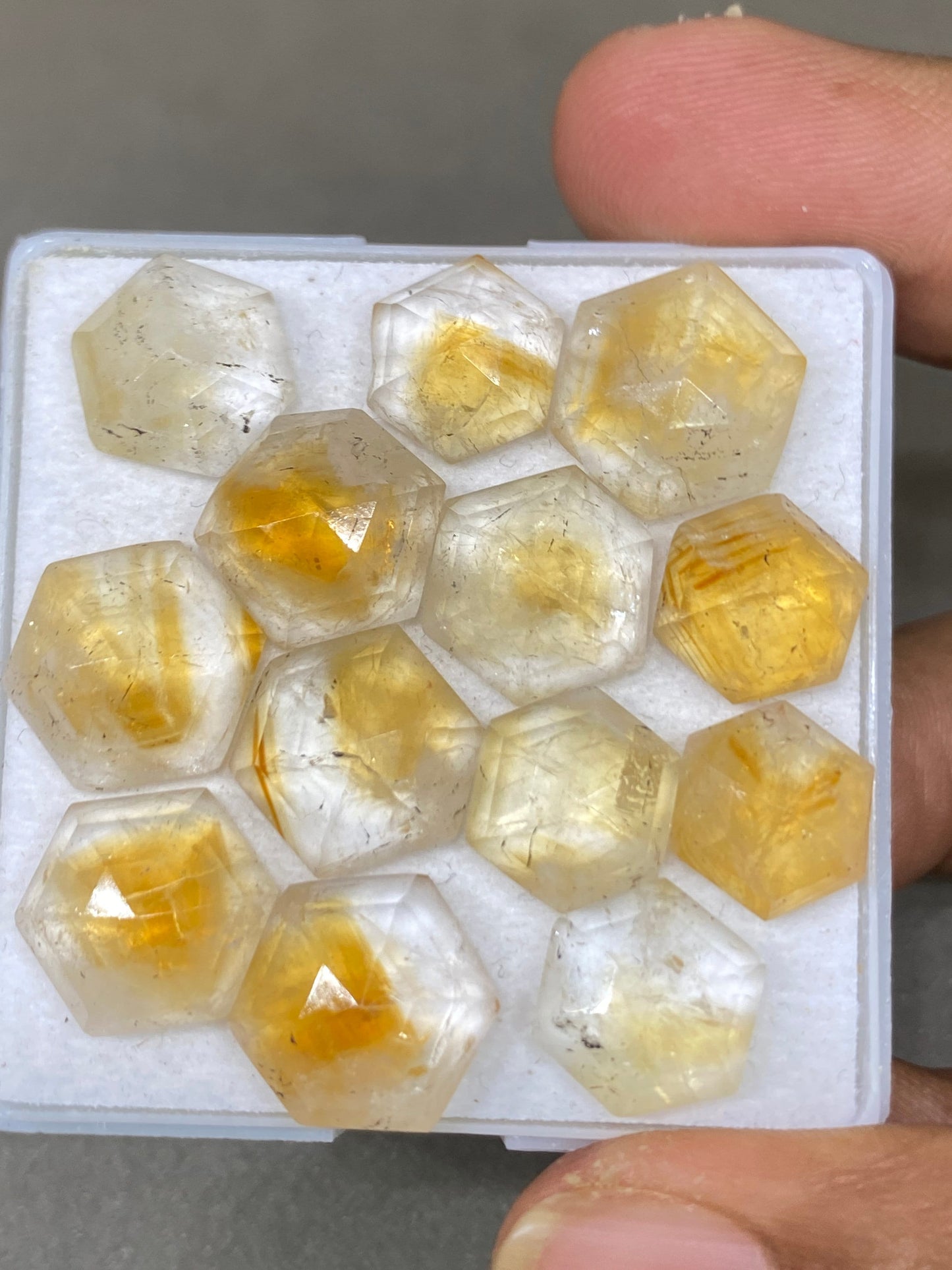 Gorgeous rare bi color citrine hexagon step cut weight 71 carats  pcs 13 size  10m-13mm citrine step cut hexagon