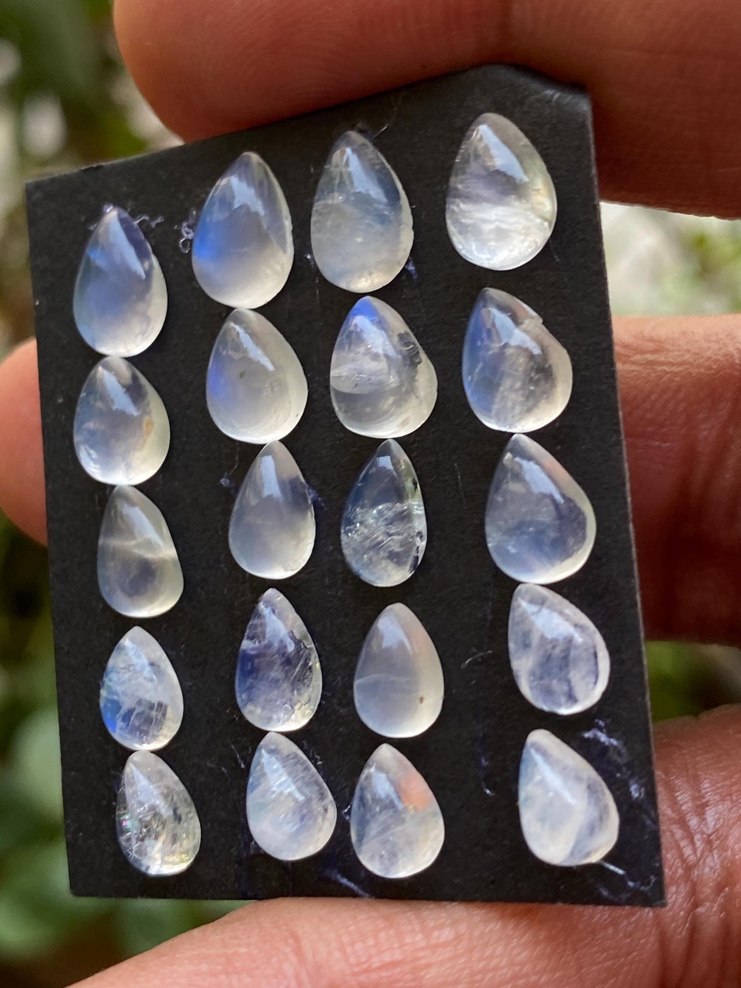 White rainbow moonstone cabochons pear wholesale lot pcs 20 weight 18.60 carats size 7x5mm-9x6mm pear cabochons