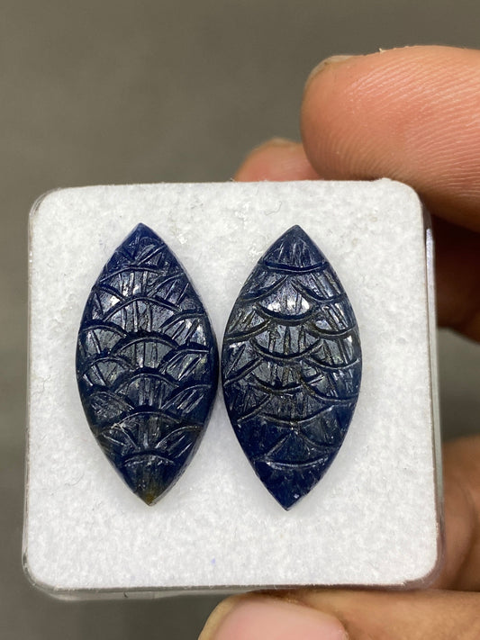 Gorgeous rare blue sapphire leaf carving fine quality pcs 2 wt 24 cts size 23x12mm sapphire carving matched pair sapphire earring