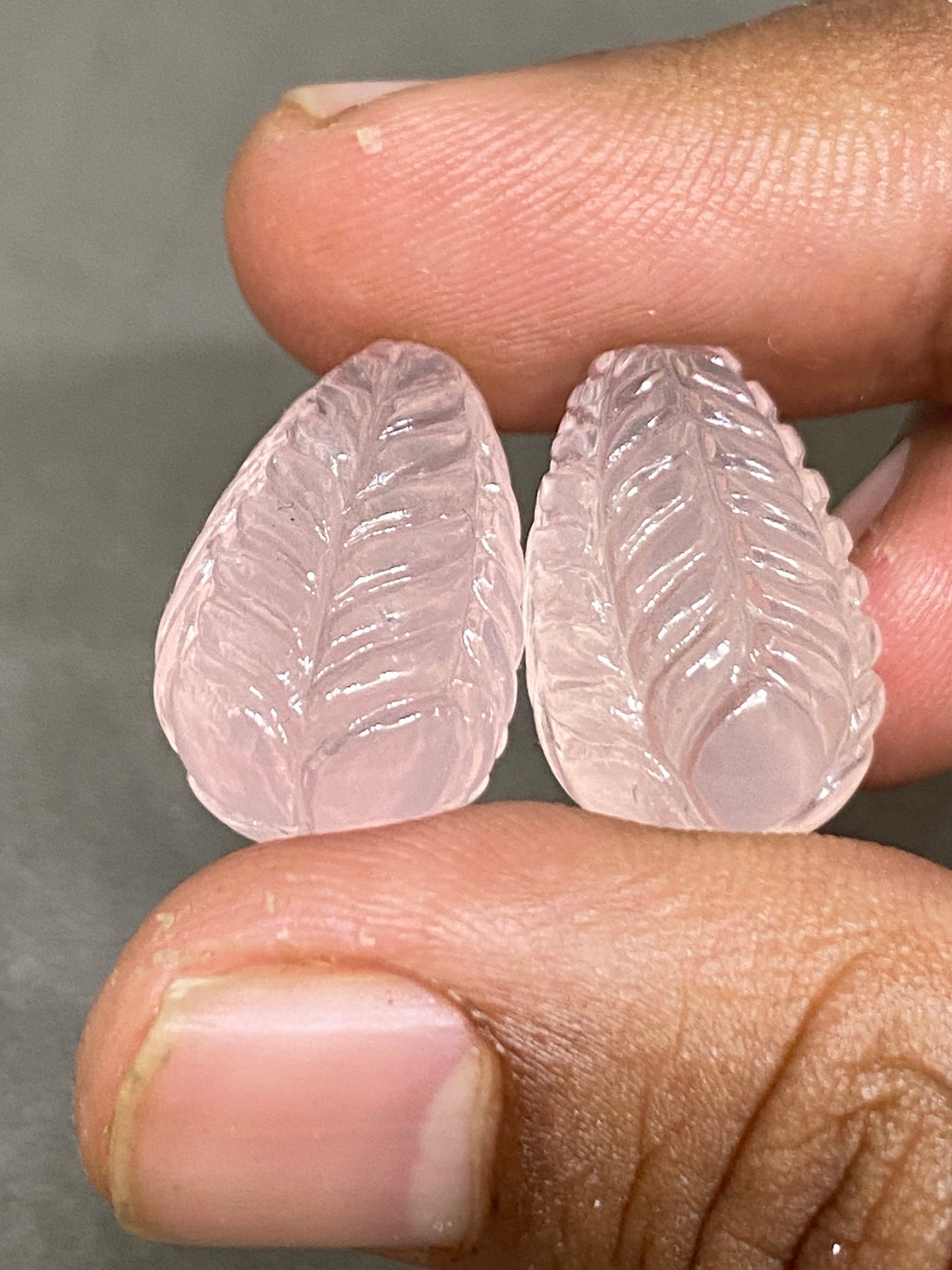 Natural rose  quartz  drop hand carved earring set wt 52 cts pcs 2 size 21x14mm rose quartz pink carving