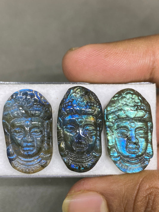 Stunning AAA Natural Blue fire labradorite Lord Face  carving aaa wt 70 cts pcs 3 size 26x15mm labradorite lord face  carving