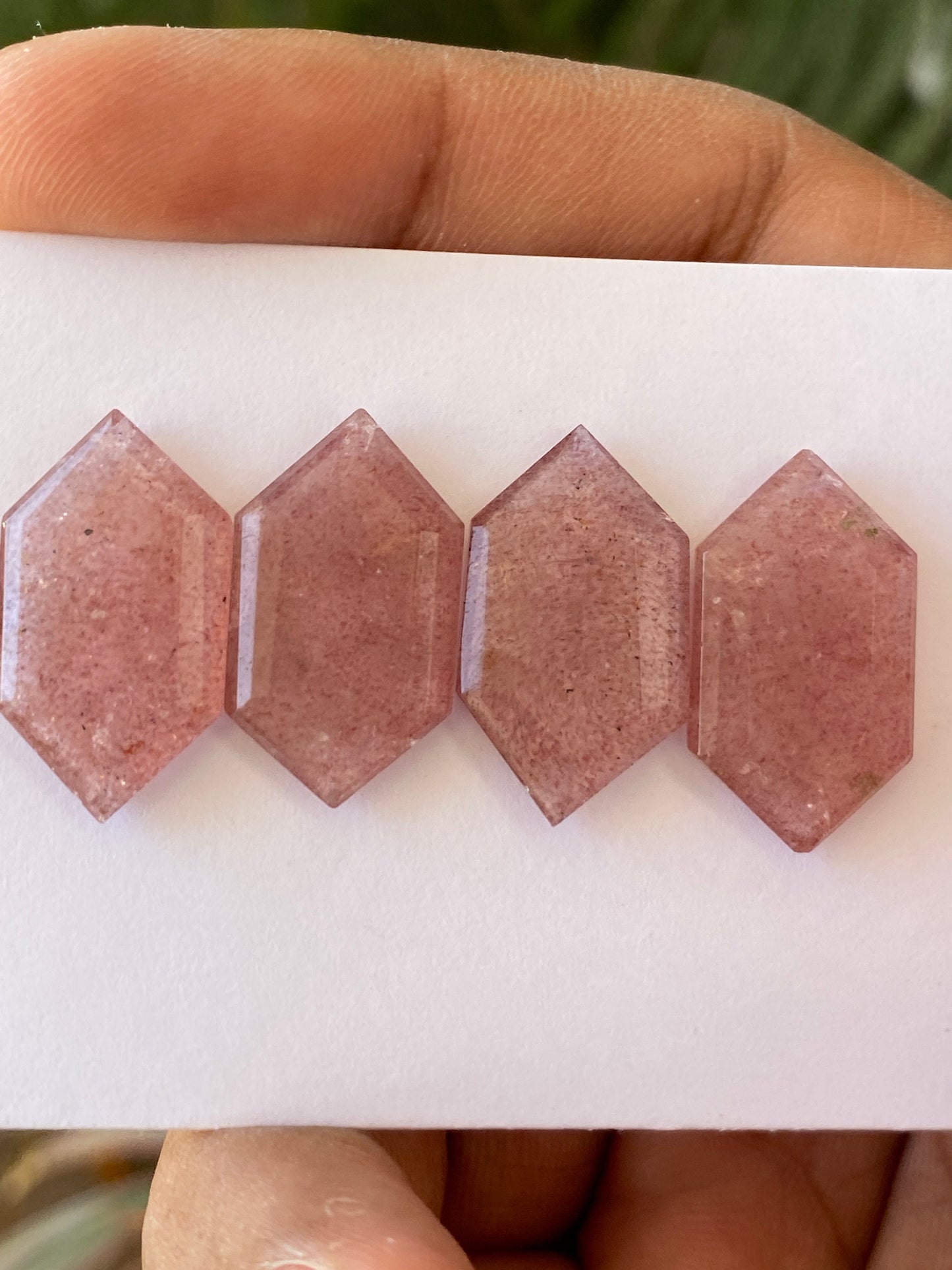 Mesmerising rare big strawberry quartz hexagon mirror cut weight 42 cts pcs 4 size 23x13-24x13mm Pink quartz mirror cut hexagon