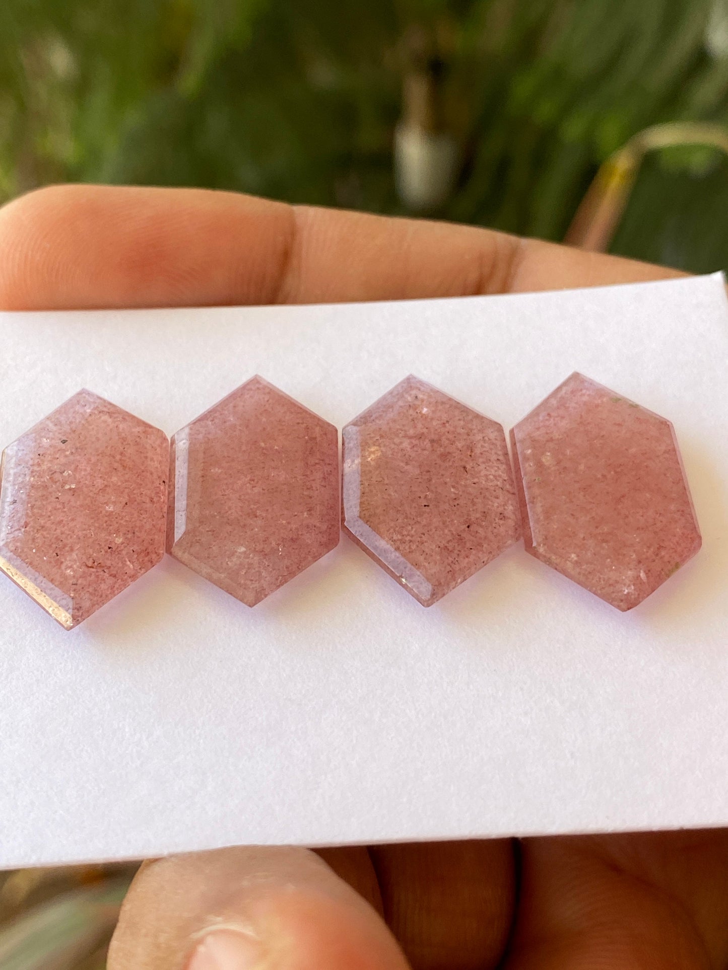 Mesmerising rare big strawberry quartz hexagon mirror cut weight 42 cts pcs 4 size 23x13-24x13mm Pink quartz mirror cut hexagon