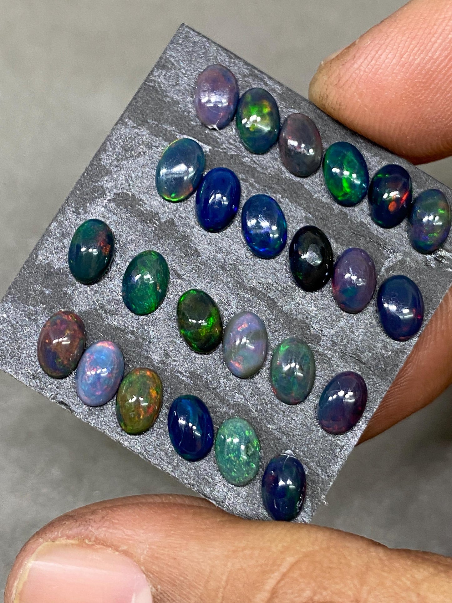 Black opal (smoked) Natural Fire opal cabochons lot size wt 8.30 cts size 6x4mm  pcs 24 opal cabochon aaa quality fire black opals cabochons