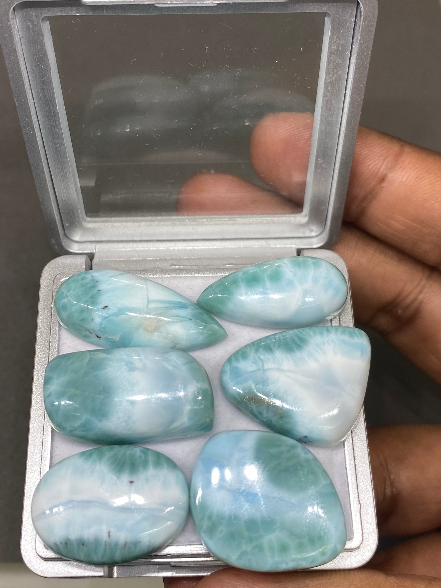 Awesome rare Smooth Larimar cabochons mix shapes  pcs 6 pendant supply  wt 148 carats size 26x12-32x15mm natural Larimar cabochons