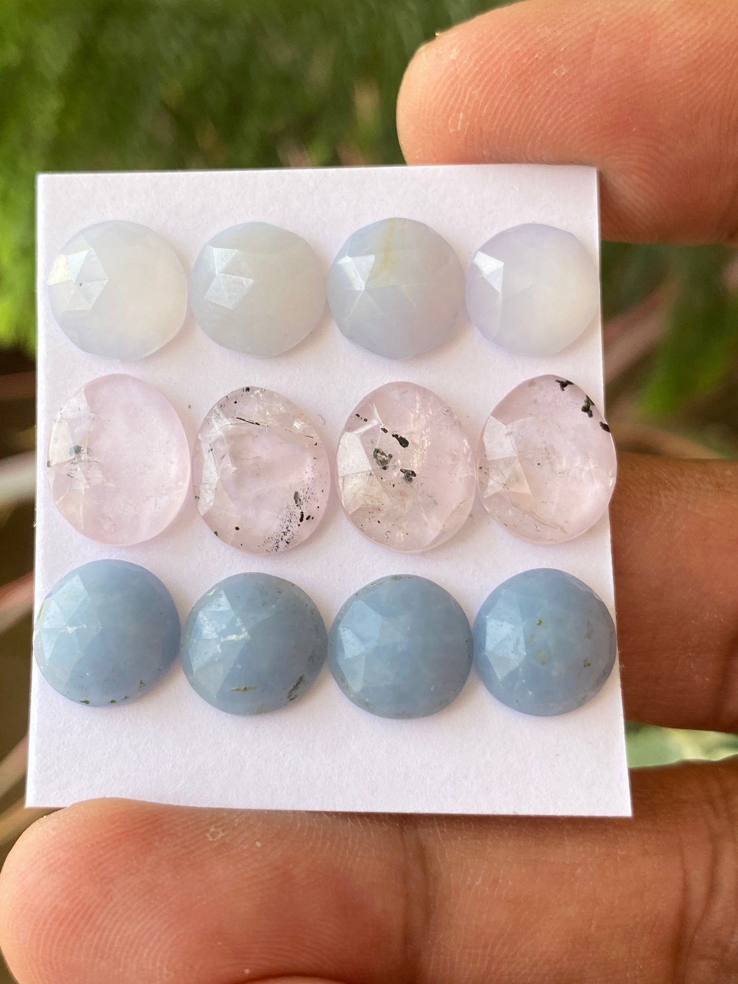 Chalcedony pink spot quartz and  angelite rosecut rounds and ovals pastel colors pcs 12 wt 35 carats size 10mm-12x10mm round oval rosecut