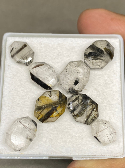 Fascinating Tourmalinated  quartz geometric oval stepcut  gems size  Pcs 8 wt 33 cts quartz hexagon gems 10x8mm-13x11mm