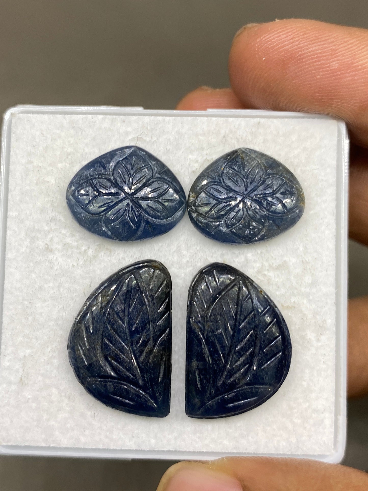 Very rare blue sapphire leaf carving fine quality pcs 4 wt 49 cts size 16x13-21x14mm sapphire carving unheated untreated sapphire earring