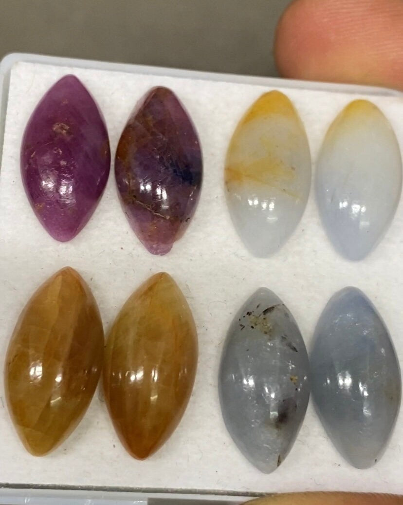 Rare natural multi sapphire marquise cabochons pair lovely size 20x10mm weight 77  carats pcs 8 colorful natural sapphire marquise cabochons