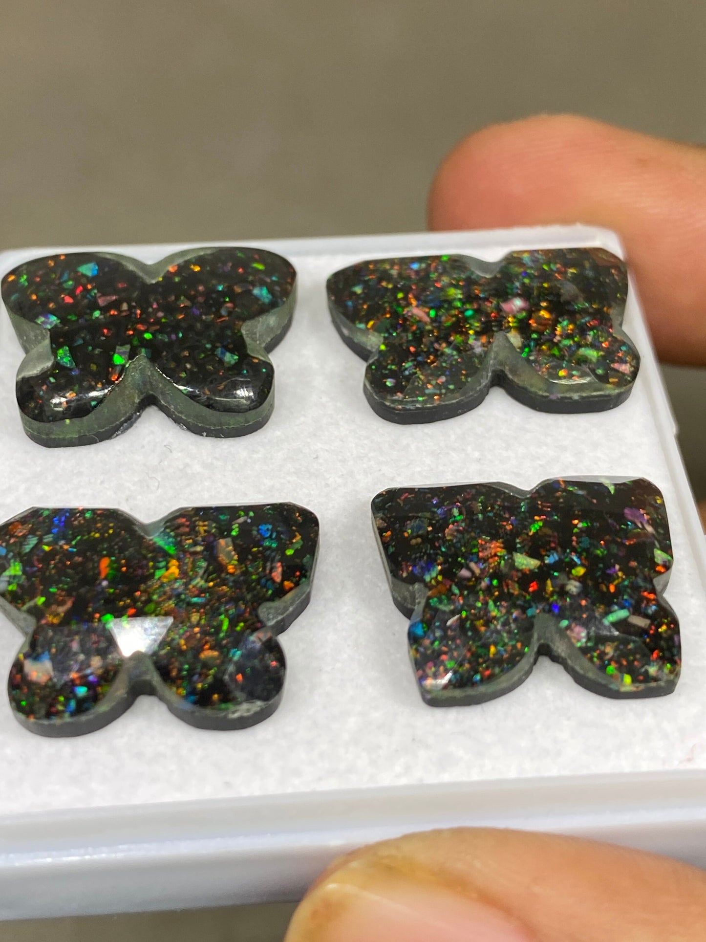 Fascinating  Multi fire opal synthetic aurora opal with black onyx faceted butterfly carving pcs 4 wt 52 cts 19x15-22x15mm butterfly carving