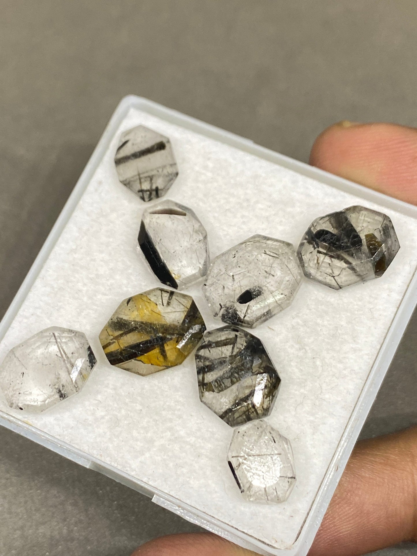 Fascinating Tourmalinated  quartz geometric oval stepcut  gems size  Pcs 8 wt 33 cts quartz hexagon gems 10x8mm-13x11mm