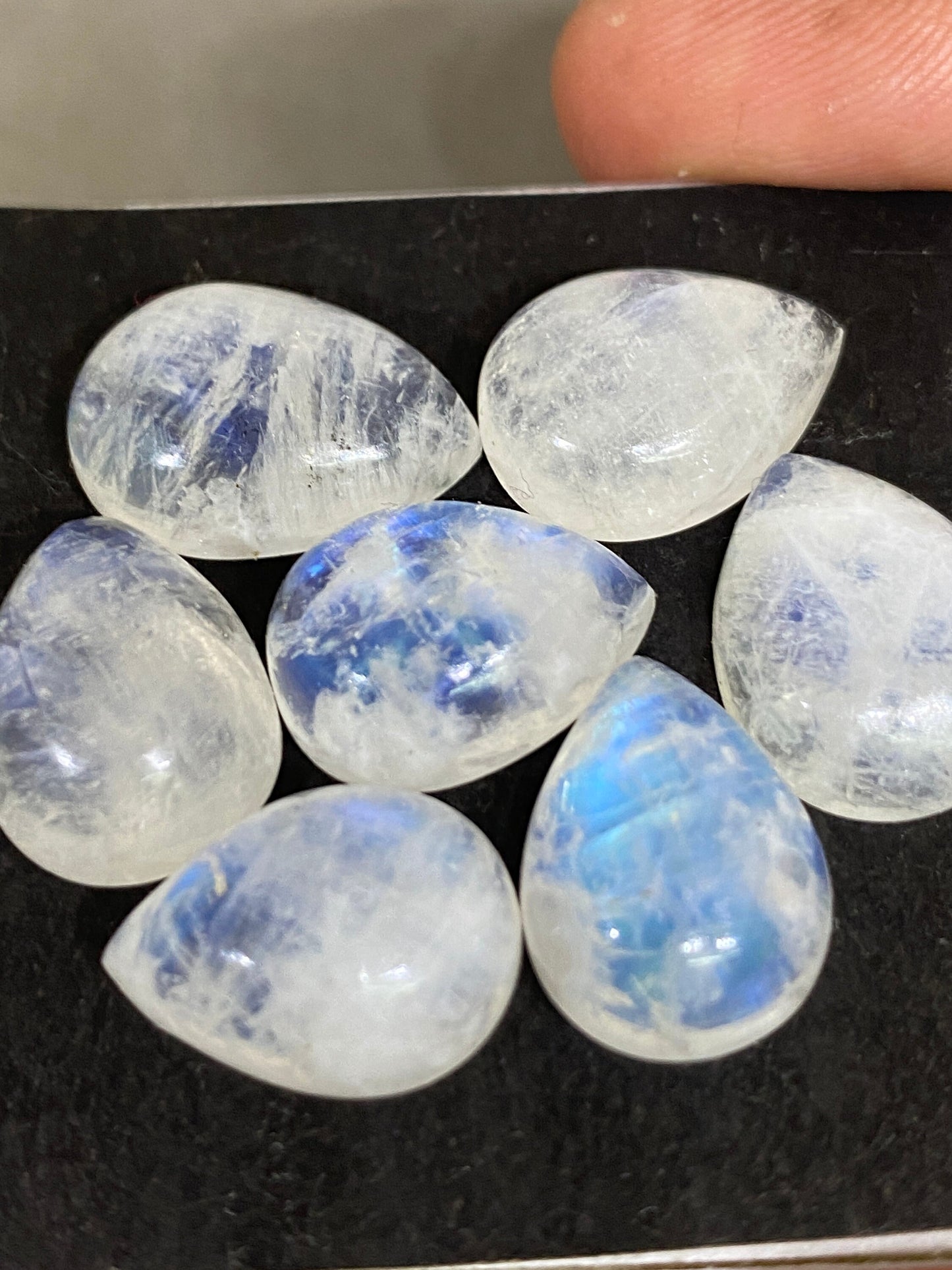 Fascinating  Blue fire rainbow moonstone pear cabochons  lot pcs 7 weight 61 cts size 16x11-17x12mm beautiful fire rainbow moonstone