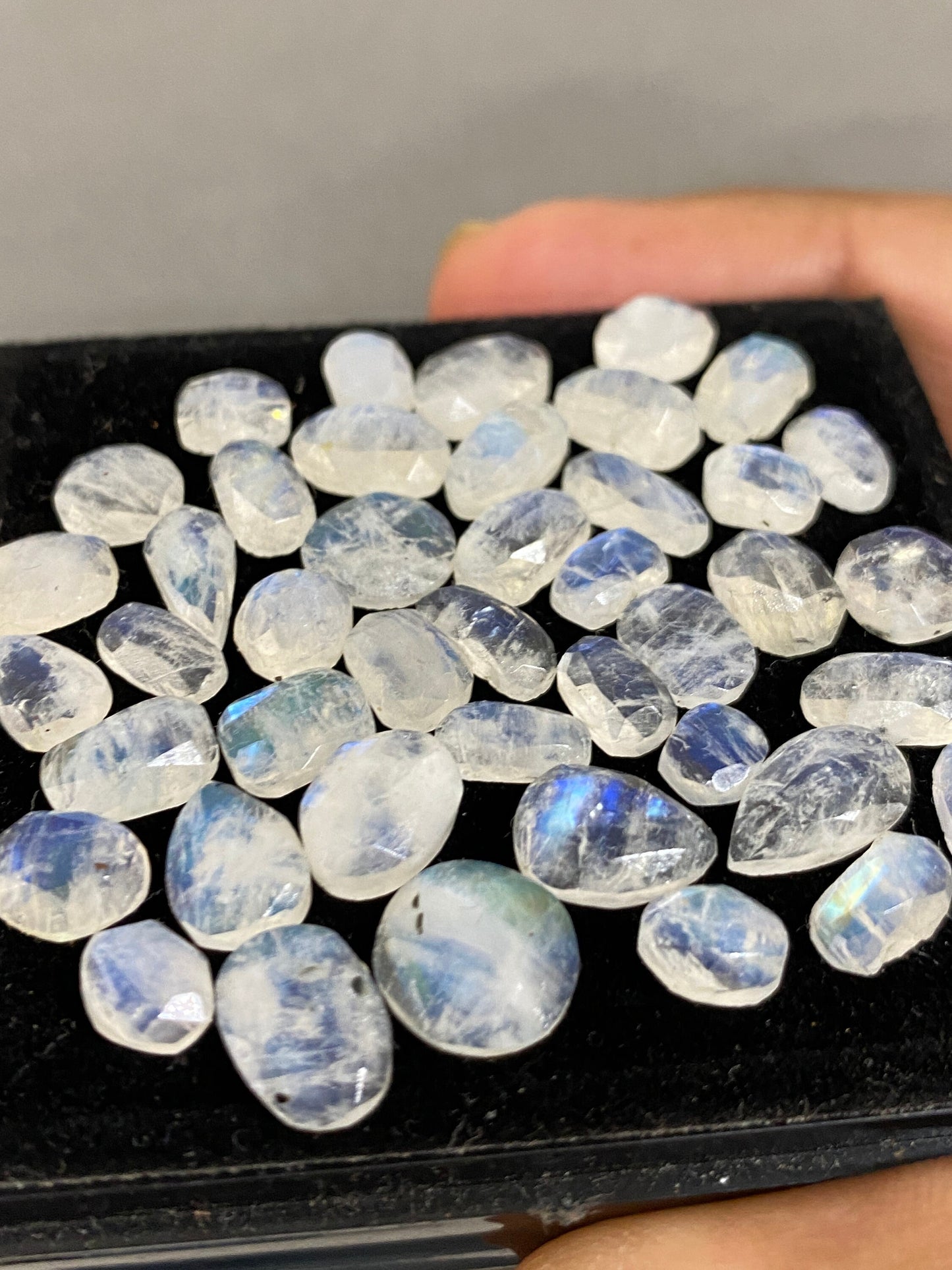 Stunning Blue fire rainbow moonstone unusual faceted rosecut pcs 40 wt 48 cts size 5.7x4.7-9x7mm beautiful fire rainbow moonstone facted