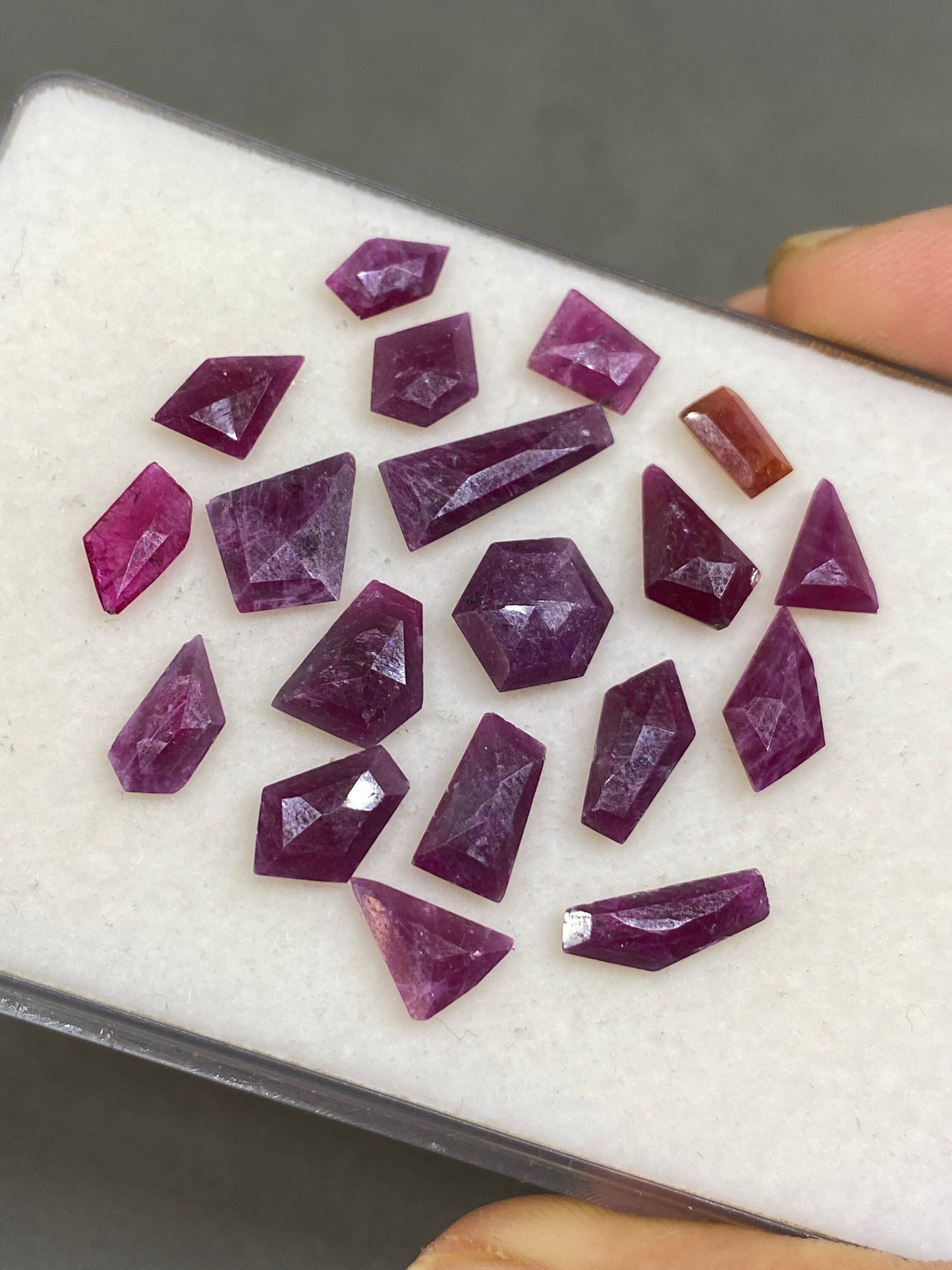 Dazzling rare natural unheated untreated ruby  flat cut geometric pcs 19 wt 28 cts  size 7x4mm-15x6mm ruby mozambique mine