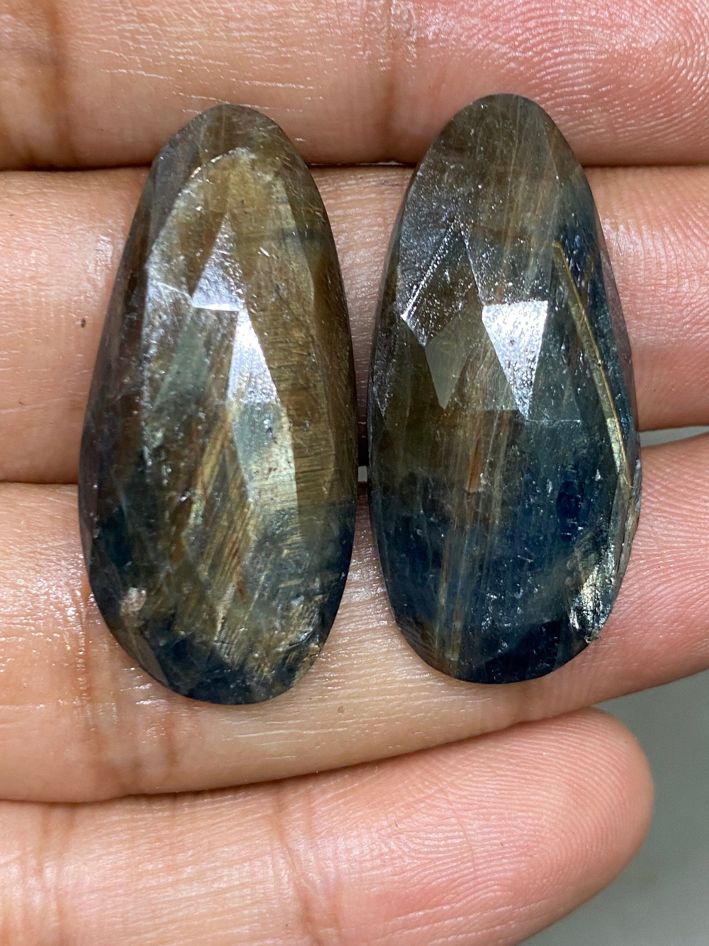 Mesmerising rare huge fancy shape golden Blue sheen sapphire designer matched pair wt 76cts size 36x17mm gold sheen sapphire rosecut