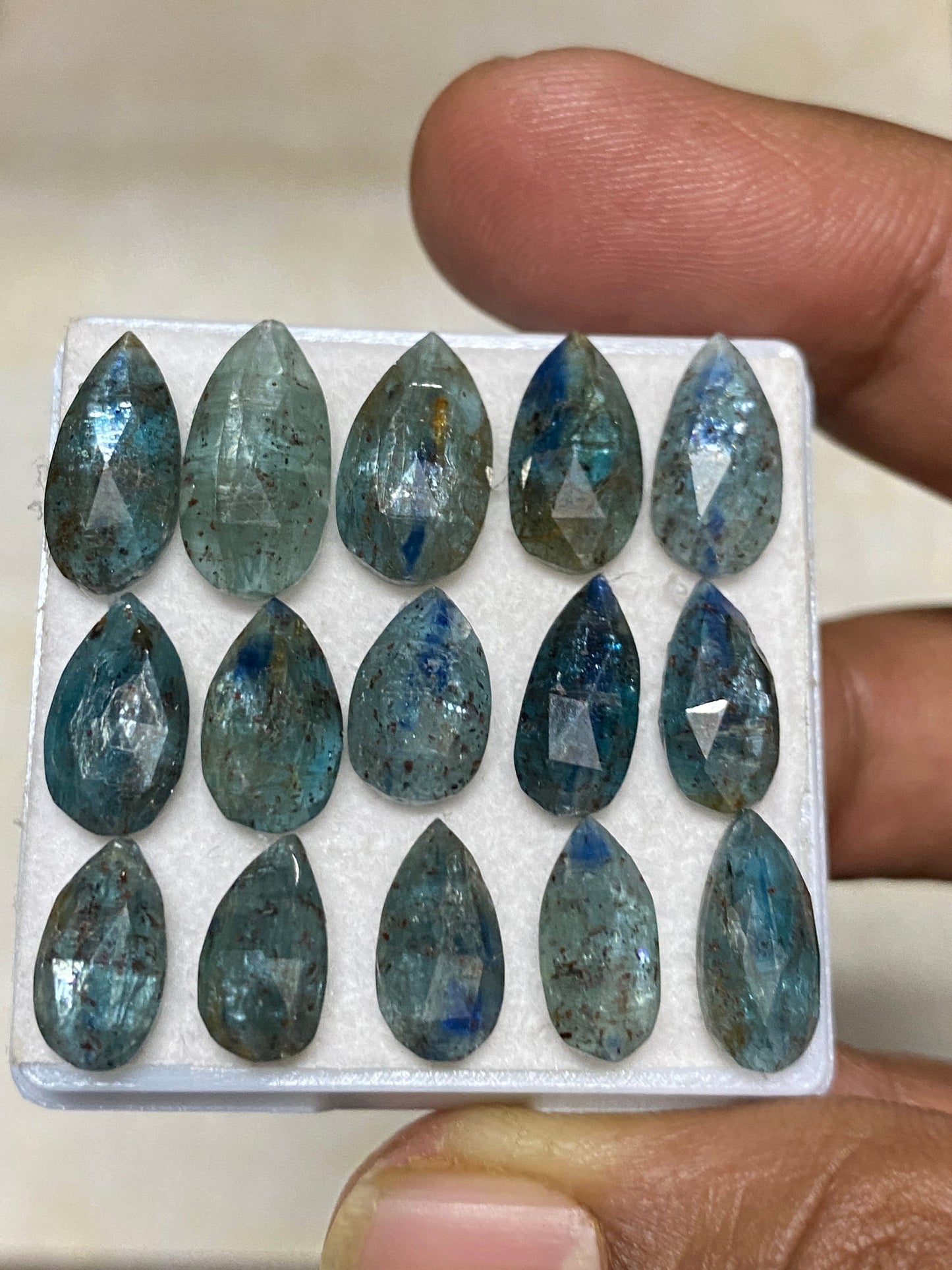 Stunning rare moss teal blue kyanite rosecut flats shape amazing quality lovely color wt 41 carats pcs 15 size 12x6-15x8mm  rosecut