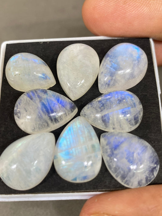 Fascinating  Blue fire rainbow moonstone pear cabochons  lot pcs 8 weight 86 cts size 16x11-18x13mm beautiful fire rainbow moonstone