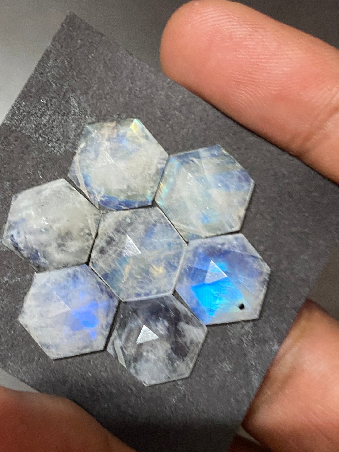 Fabulous rare Blue fire white rainbow moonstone faceted rosecut hexagon pcs 7 wt 36 cts size 12mm-13mm fire rainbow moonstone