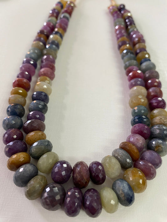 Rare Multi Sapphire Beads Handmade Facetet  Rondelles  two strand necklace Huge Big Size 9mm-13.8mm Necklace Good Quality wt 1400 carats