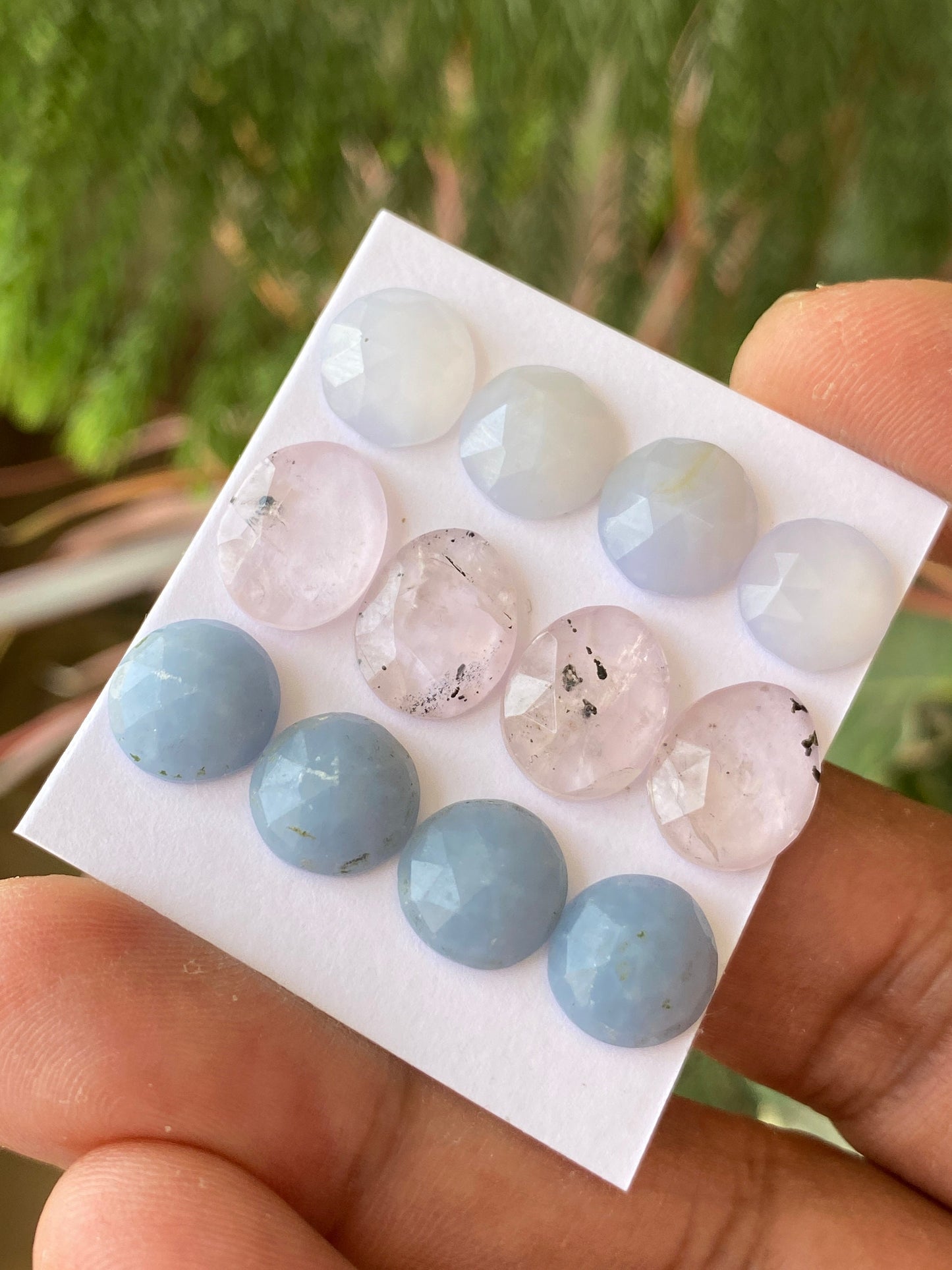 Chalcedony pink spot quartz and  angelite rosecut rounds and ovals pastel colors pcs 12 wt 35 carats size 10mm-12x10mm round oval rosecut