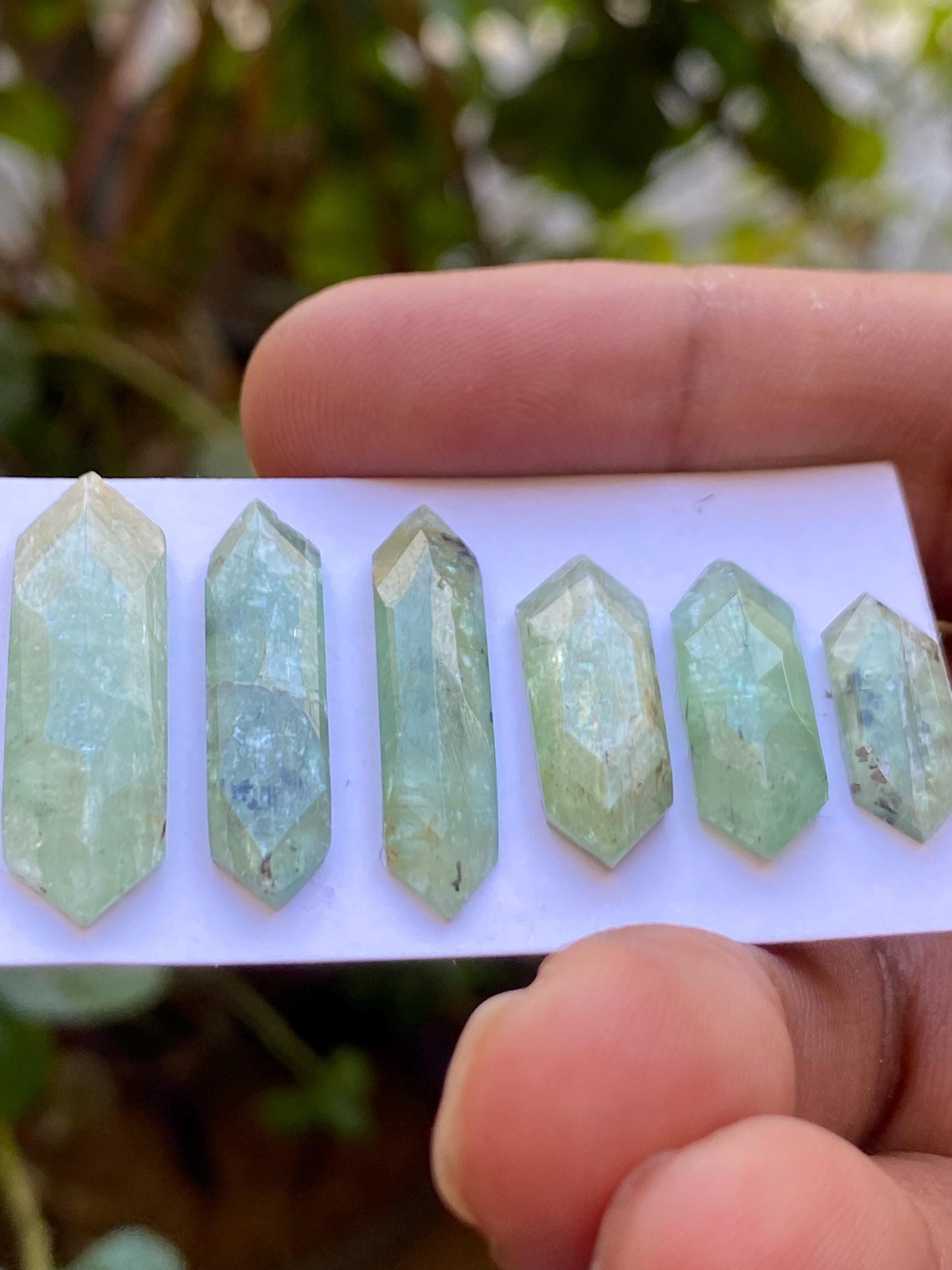 Stunning rare moss green kyanite hexagon elongated flats fine quality size 17x6-21x8mm wt 42.9 cts pcs 6 moss green hexagon