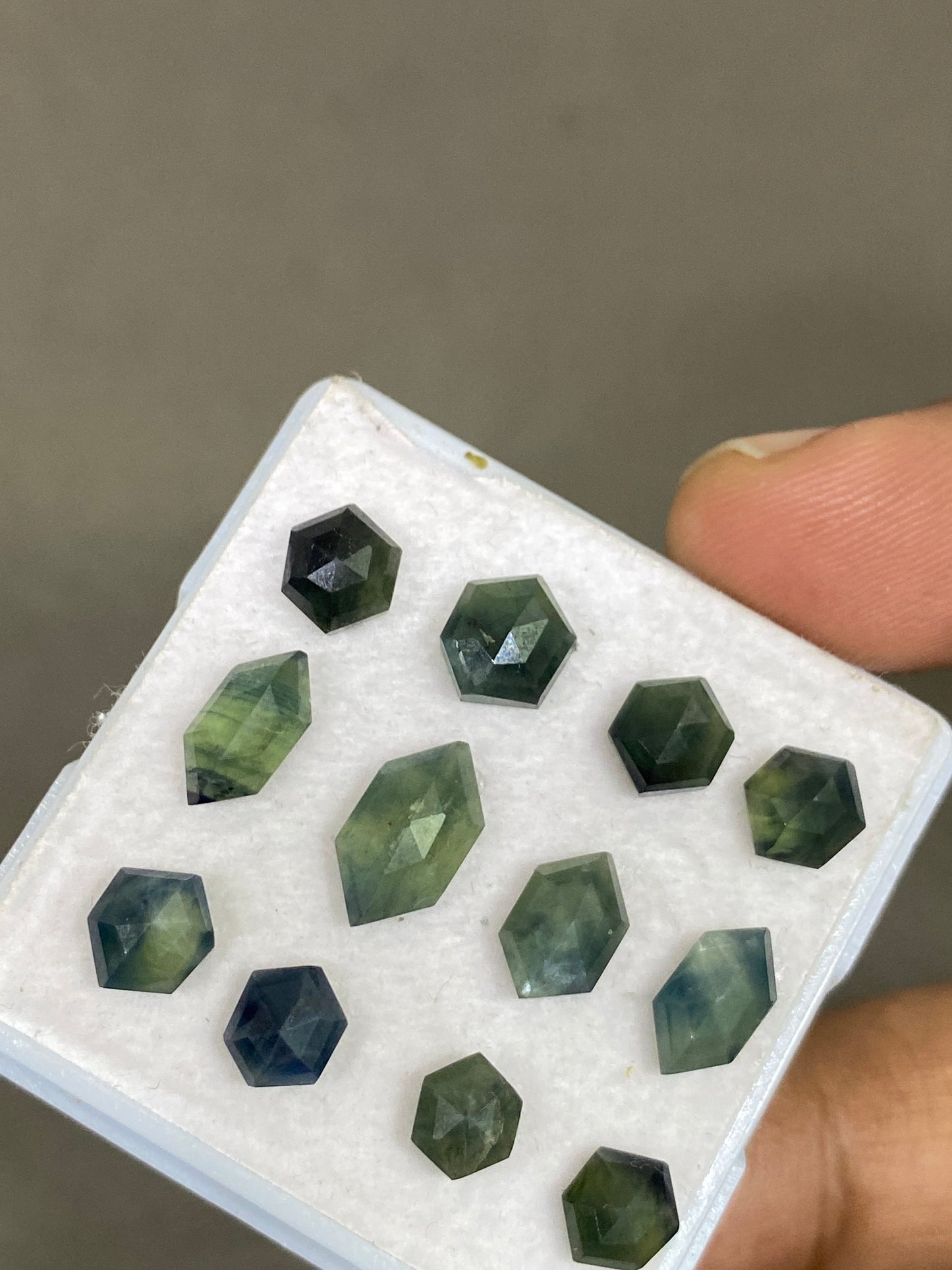 Awesome rare blue sapphire hexagon geometric parti sapphire bi color sapphire pcs 12 wt 18.85 carats size 6.5-11.5x6mm rosecut sapphire