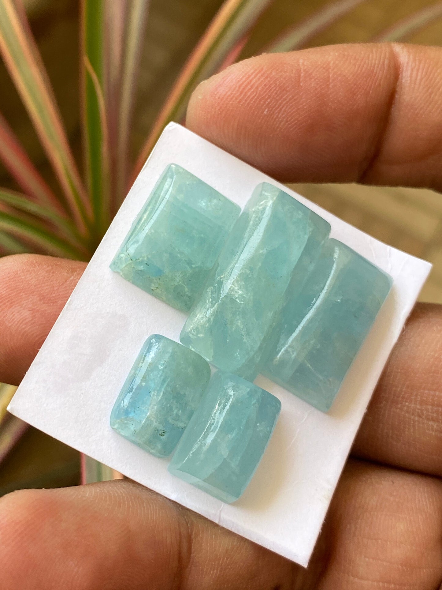 Cute rare blue  Aquamarine cushion  shape cabochons Fine quality  pcs 5 wt 55 cts Size 13x9-24x15mm aquamarine cabochons