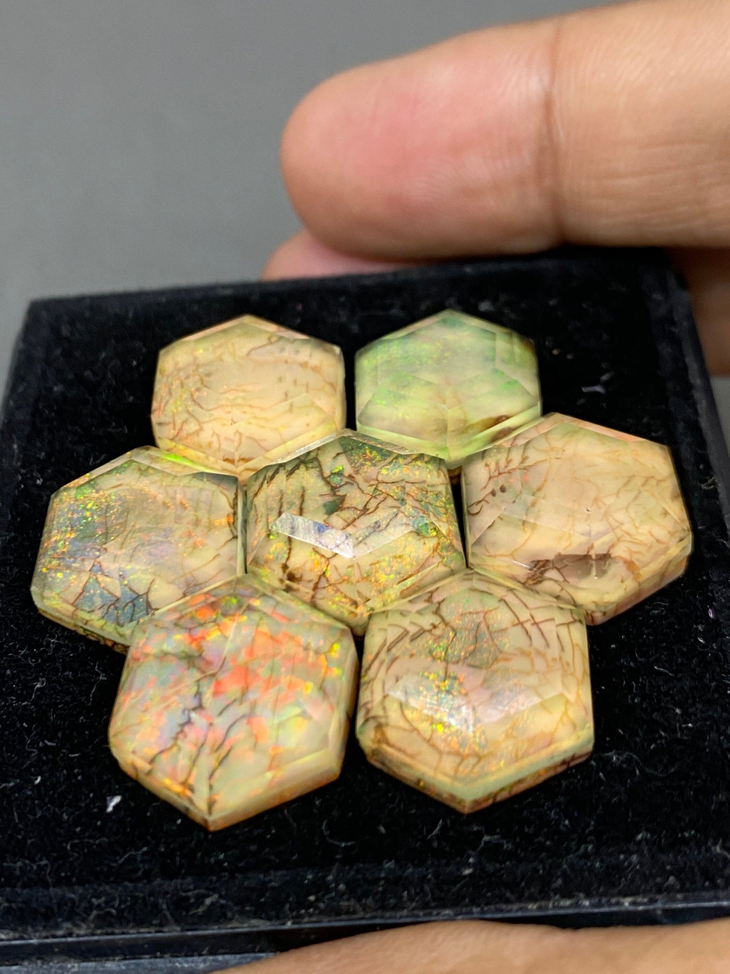 Fascinating Multi fire sterling opal monarch opal crystal doublet hexagon stepcut wt 85 carats rare big size 14x16mm-15x17mm jewelry supply