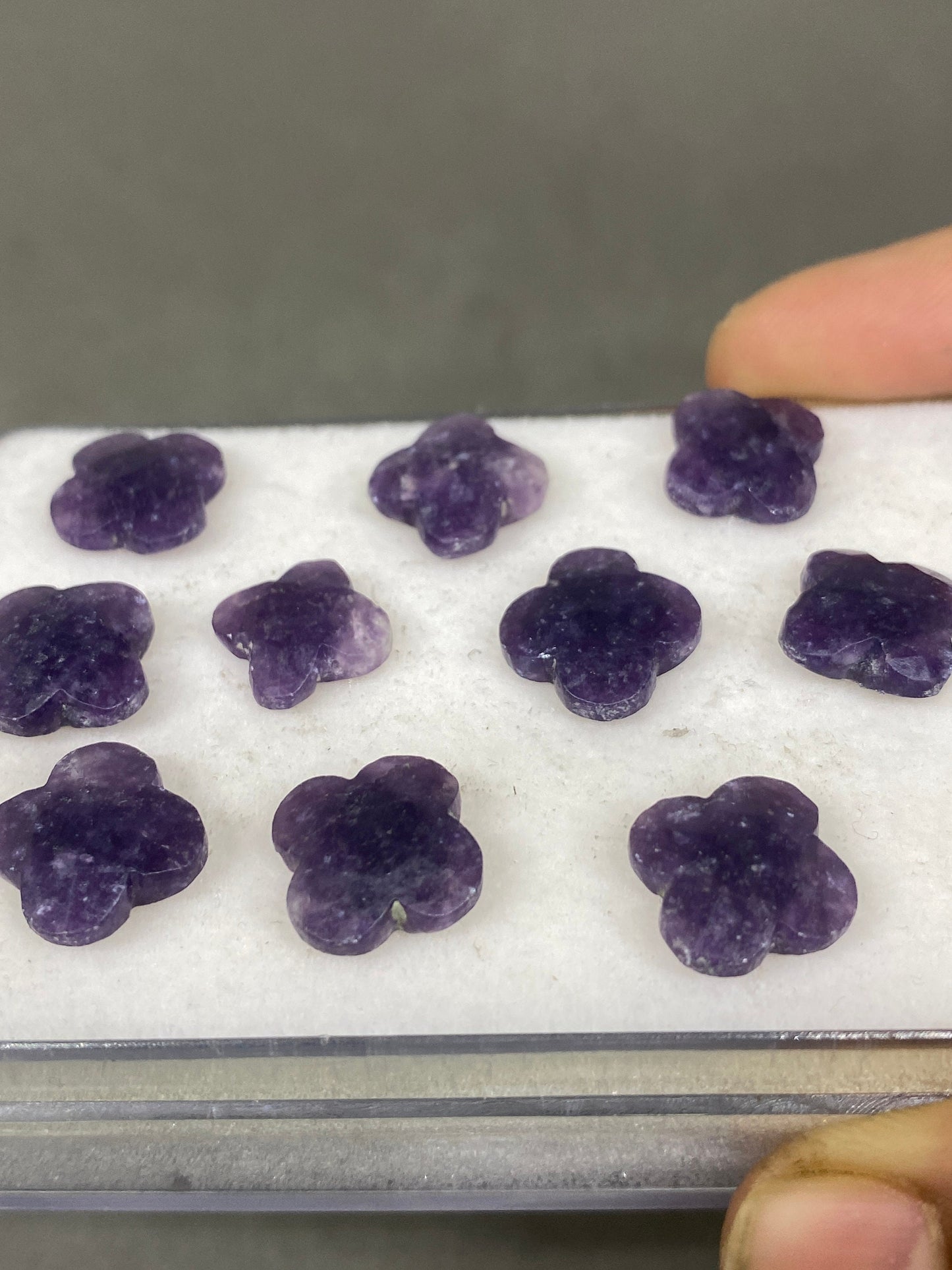 Cute lepidolite  faceted flower shape carving briolette drilled pcs 10 wt 56 cts size 12mm-14mm Lepidolite Flower briolette