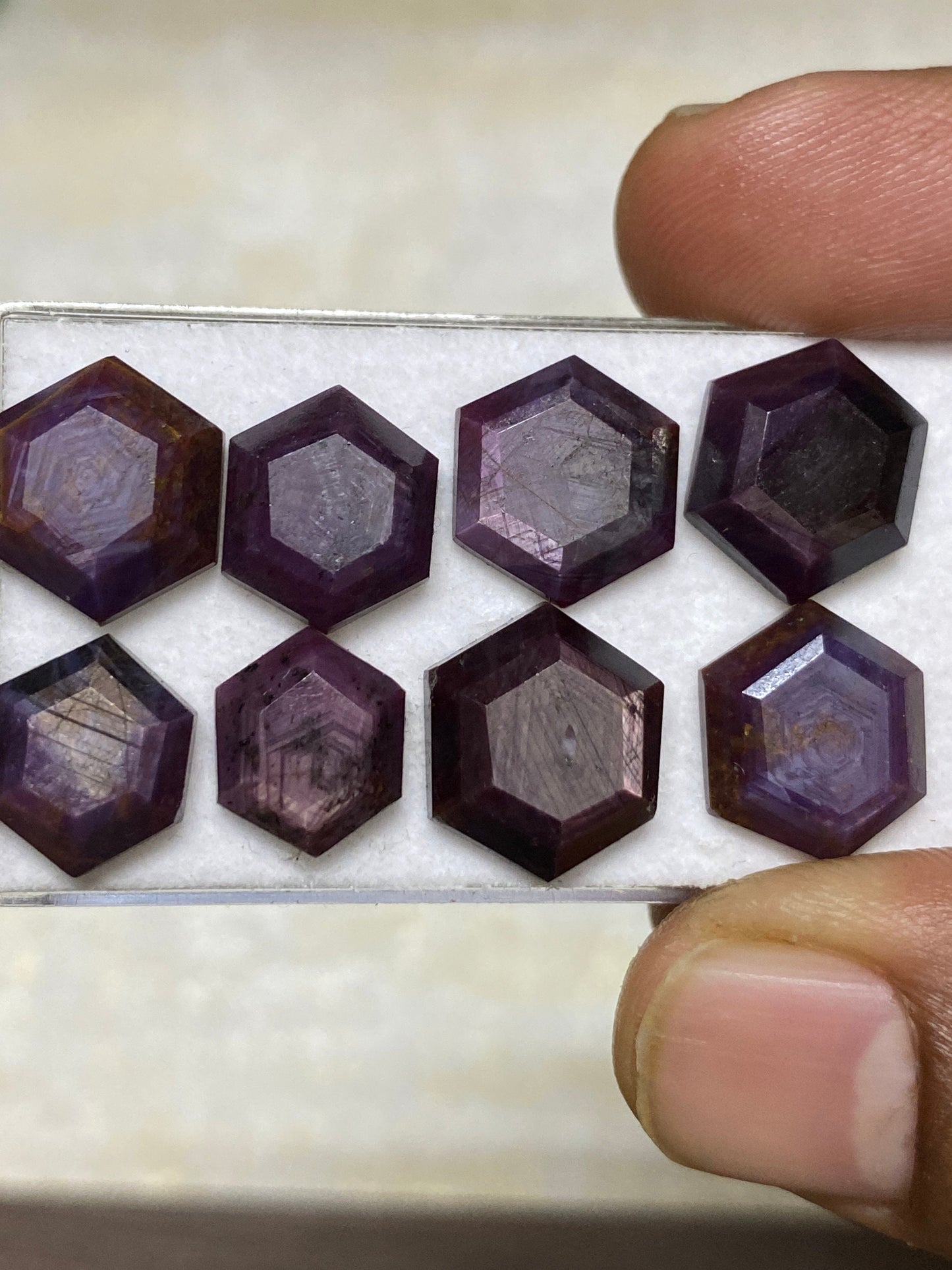 Stunning rare sheen sapphire geometric hexagon  fancy mirror cut weight 51 cts pcs 8 size 11.4x9.5mm-14x12mm natural star sapphire step cuts