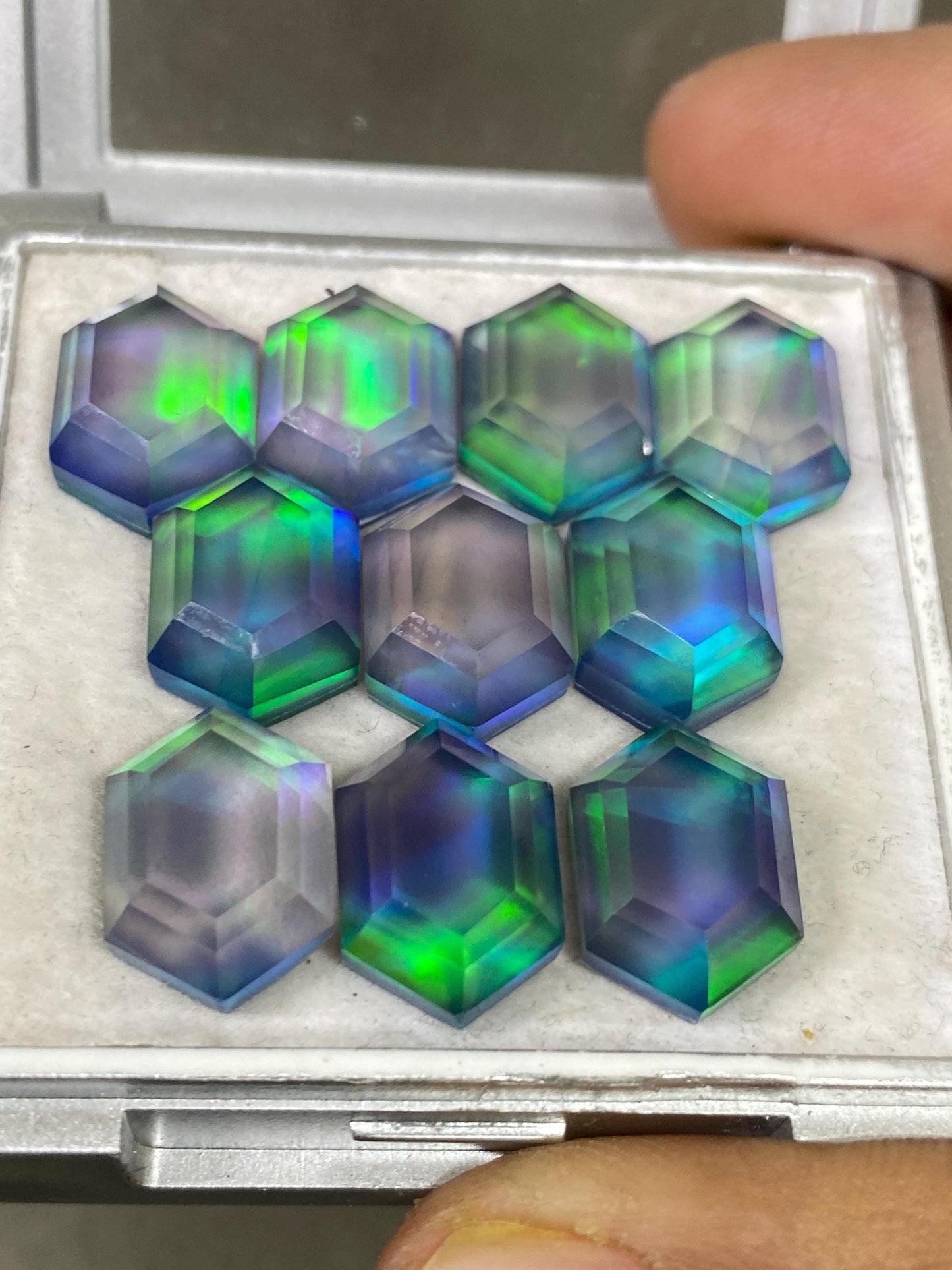 Attractive Multi green blue fire aurora opal and crystal doublet mirror cut Hexagon pcs 10 wt 62 cts rare size 14x10mm ring pendant supply