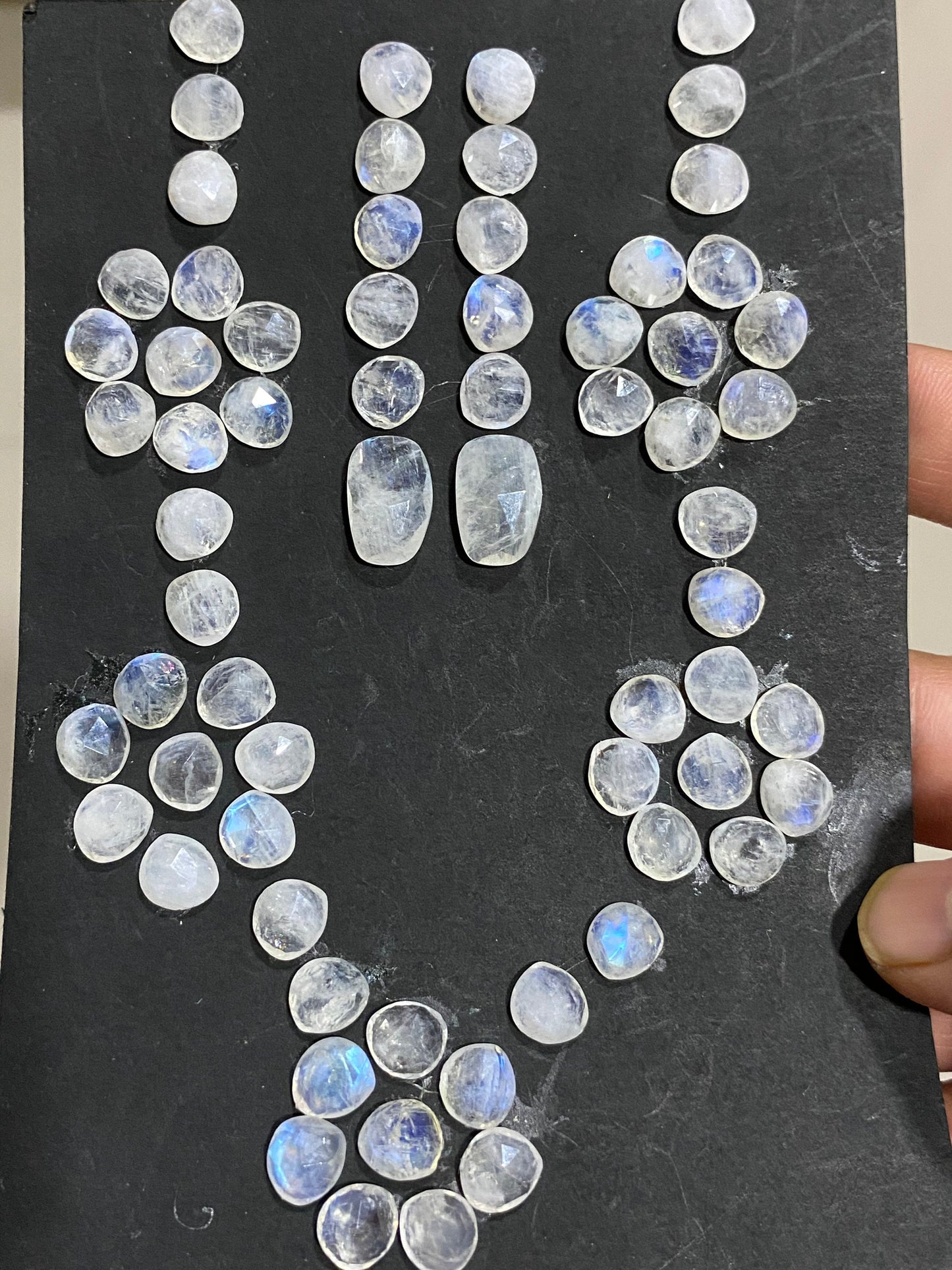 Stunning Blue fire rainbow moonstone faceted rosecut necklace set pcs wt 134.50 cts  size 8mm-15x10mm fire rainbow moonstone facted