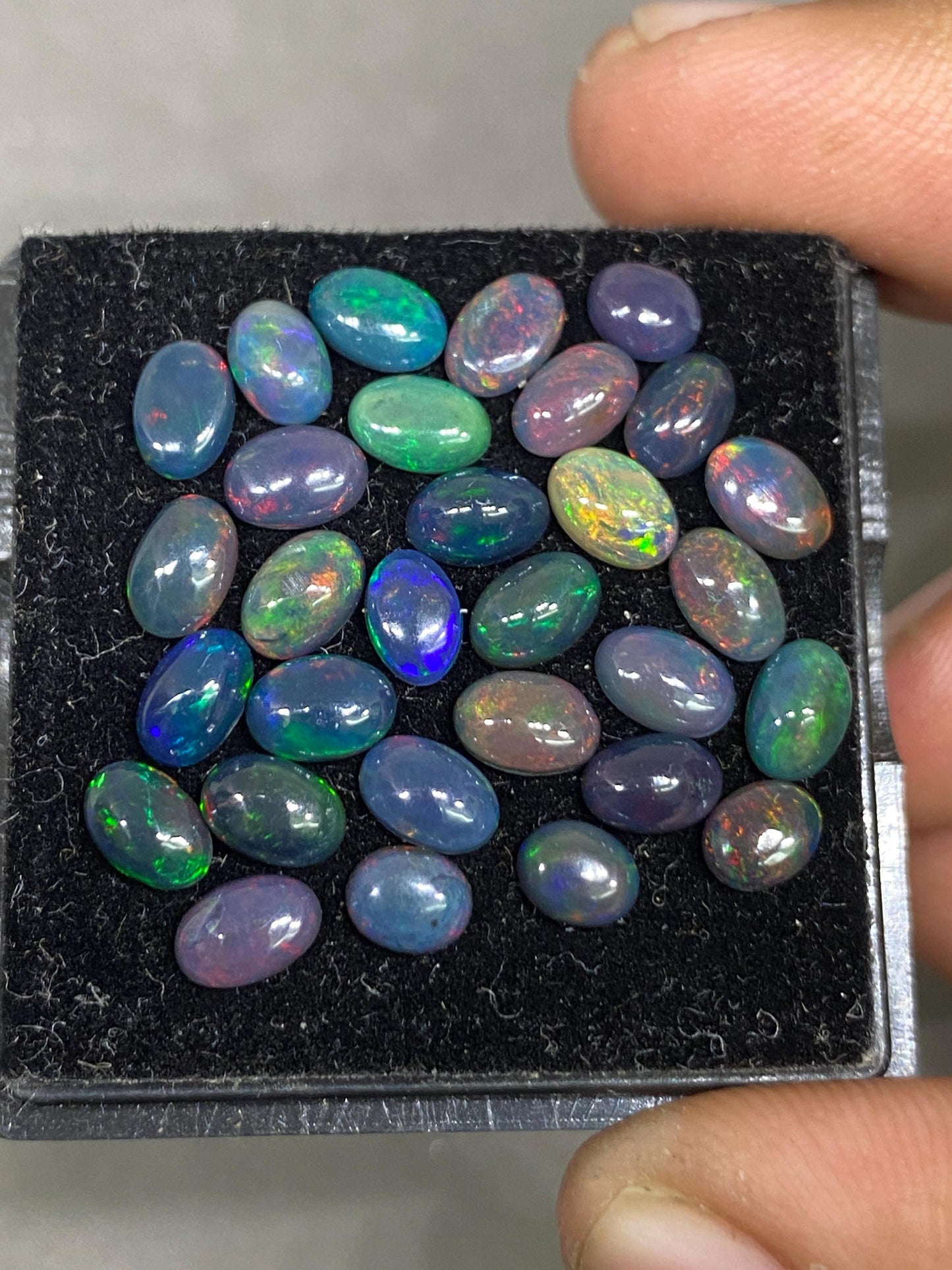 Black opal (smoked) Natural Fire opal cabochons lot size wt 7.15 cts size 5x4-6x4mm pcs 30 opal cabochon quality fire black opals cabochons