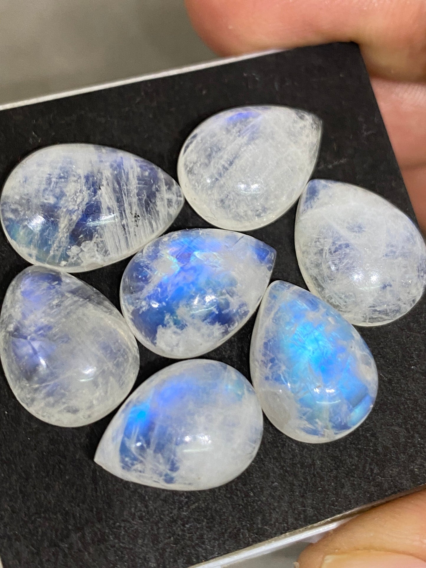 Fascinating  Blue fire rainbow moonstone pear cabochons  lot pcs 7 weight 61 cts size 16x11-17x12mm beautiful fire rainbow moonstone