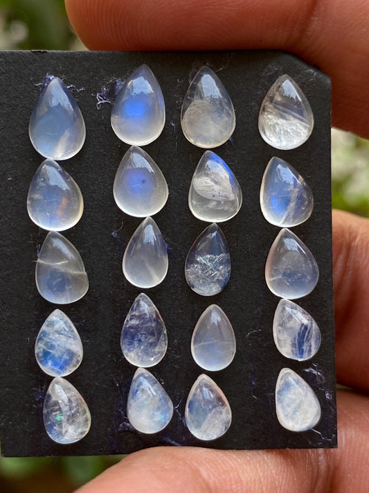 White rainbow moonstone cabochons pear wholesale lot pcs 20 weight 18.60 carats size 7x5mm-9x6mm pear cabochons