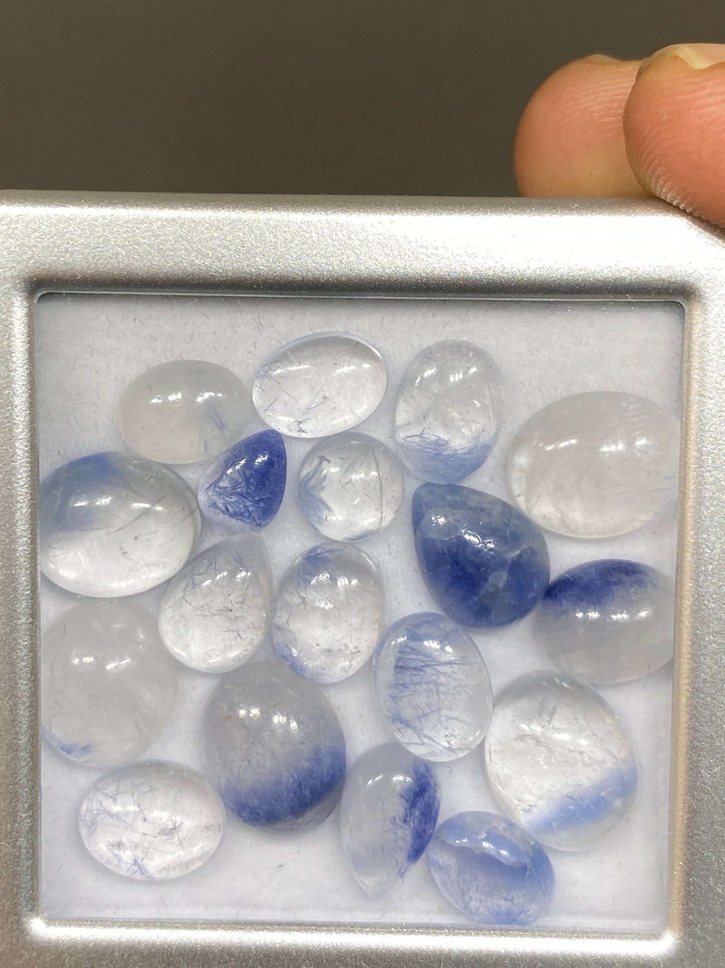 Fabulous rare Dumortierite in quartz oval pear cabochons pcs 19 Wt 53 cts size 7.7x5-12.7x10mm Brazilian mines dumortierite cabochons