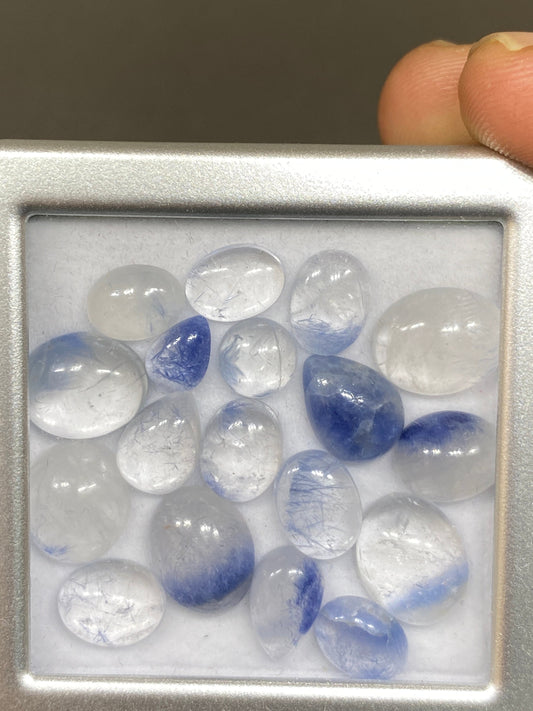 Fabulous rare Dumortierite in quartz oval pear cabochons pcs 19 Wt 53 cts size 7.7x5-12.7x10mm Brazilian mines dumortierite cabochons