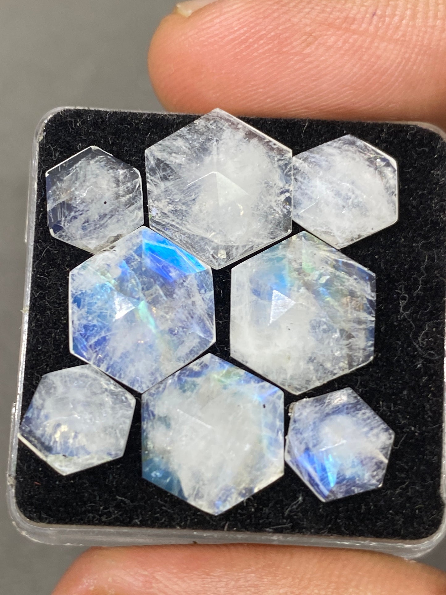 Blue fire white rainbow moonstone hexagon faceted step cut pcs 8 wt 23 cts size 7.6x7.3-11.5x11.3mm fire rainbow moonstone