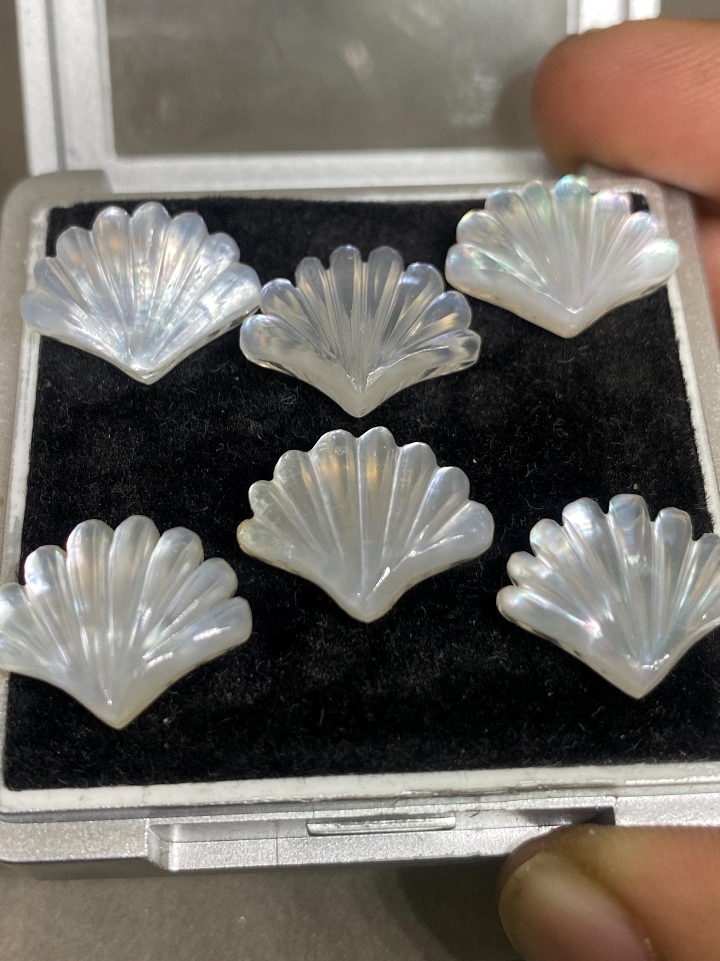 Rare High quality mother of pearl and crystal doublet shell carving mop pcs 6 wt 43.20 carats size 16x12mm fire pearl intricate carving