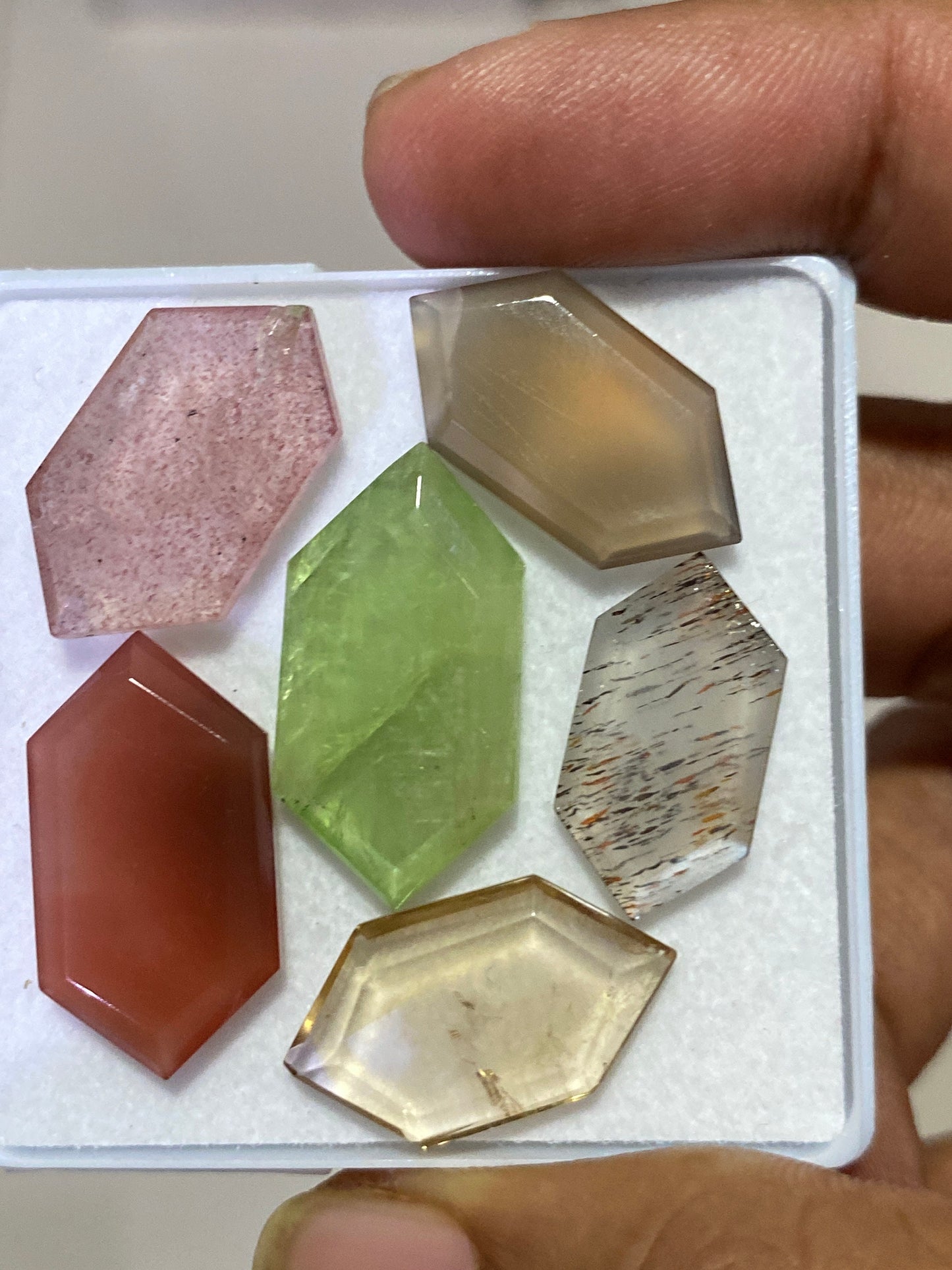 Eyecatching multi stone kyanite agate Ametrine rutile moonstone hexagon mirror cut  wt 56 carats pcs 6 good size 20x10-25x13mm mirror cut