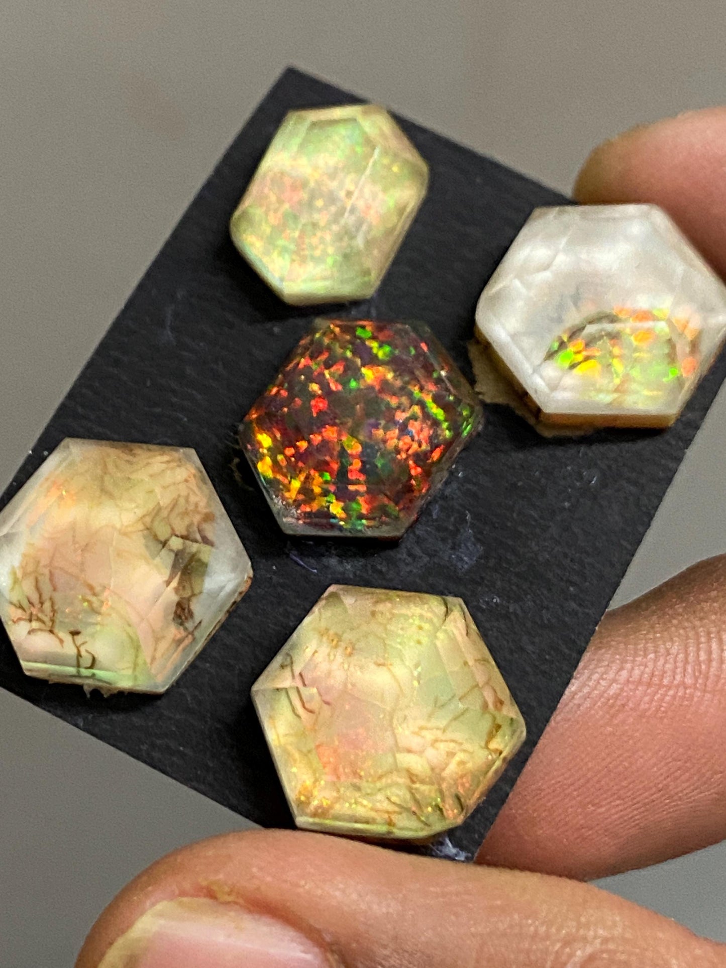 Fascinating Multi fire sterling opal monarch opal crystal doublet hexagon stepcut pcs 5 wt 56 carats  big size 14x10-15x14mm jewelry supply