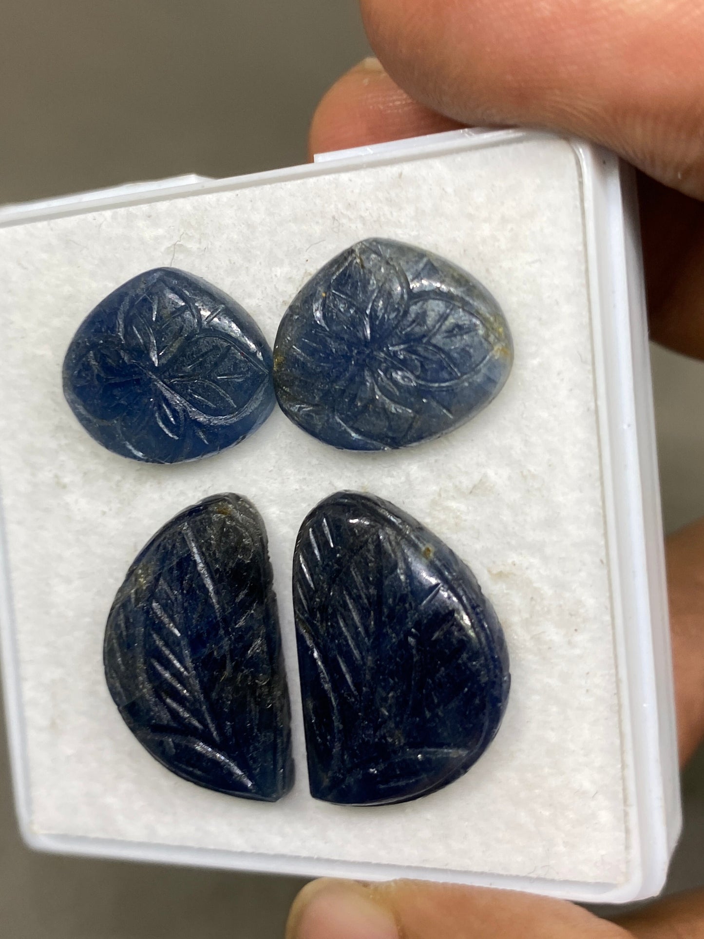 Very rare blue sapphire leaf carving fine quality pcs 4 wt 49 cts size 16x13-21x14mm sapphire carving unheated untreated sapphire earring