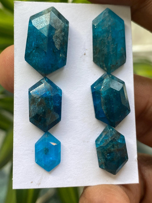 Fabulous  neon blue apatite hexagon stepcut faceted hexagon size fancy hexagon nice pcs 6 color wt 42 cts 11x7-21x12mm apatite hexagon