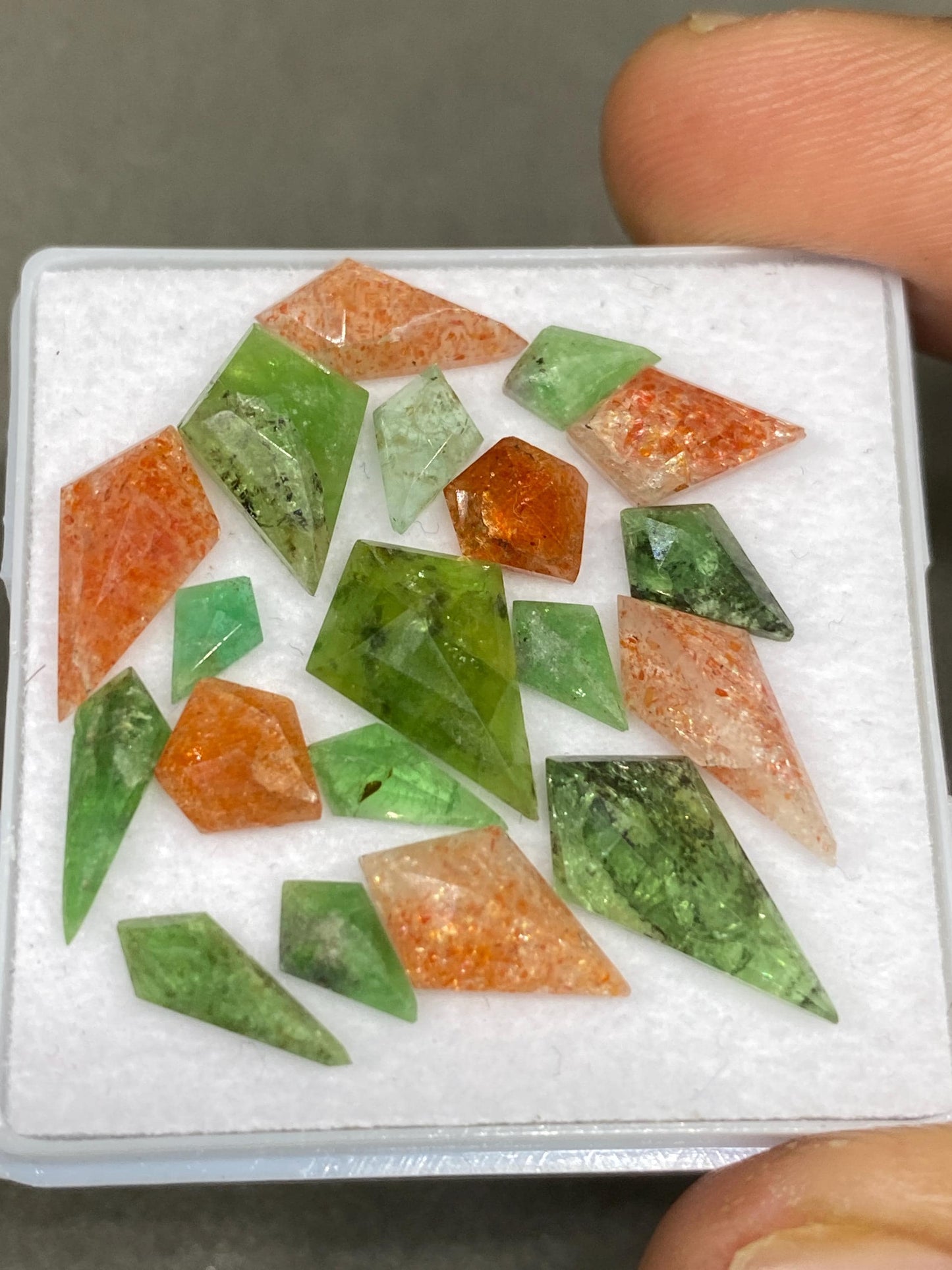 Stunning rare confetti sunstone geometric Vesuvianite stepcut flats wt 22 carats pcs 19 size 6x4-16x8mm Vesuvianite sunstone geometric gems